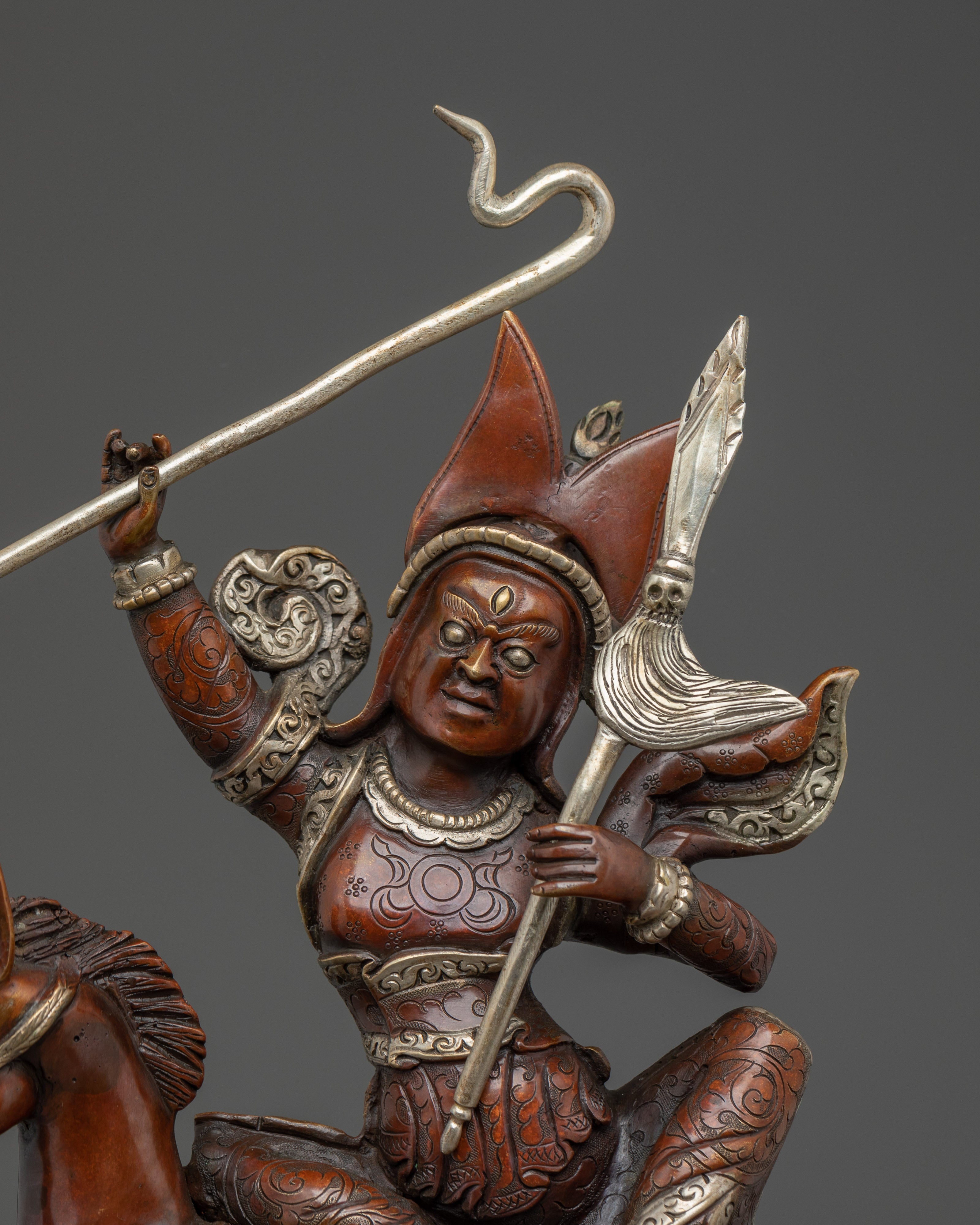King Gesar Silver Plated Copper Sculpture | Tibetan Warrior King on Horse