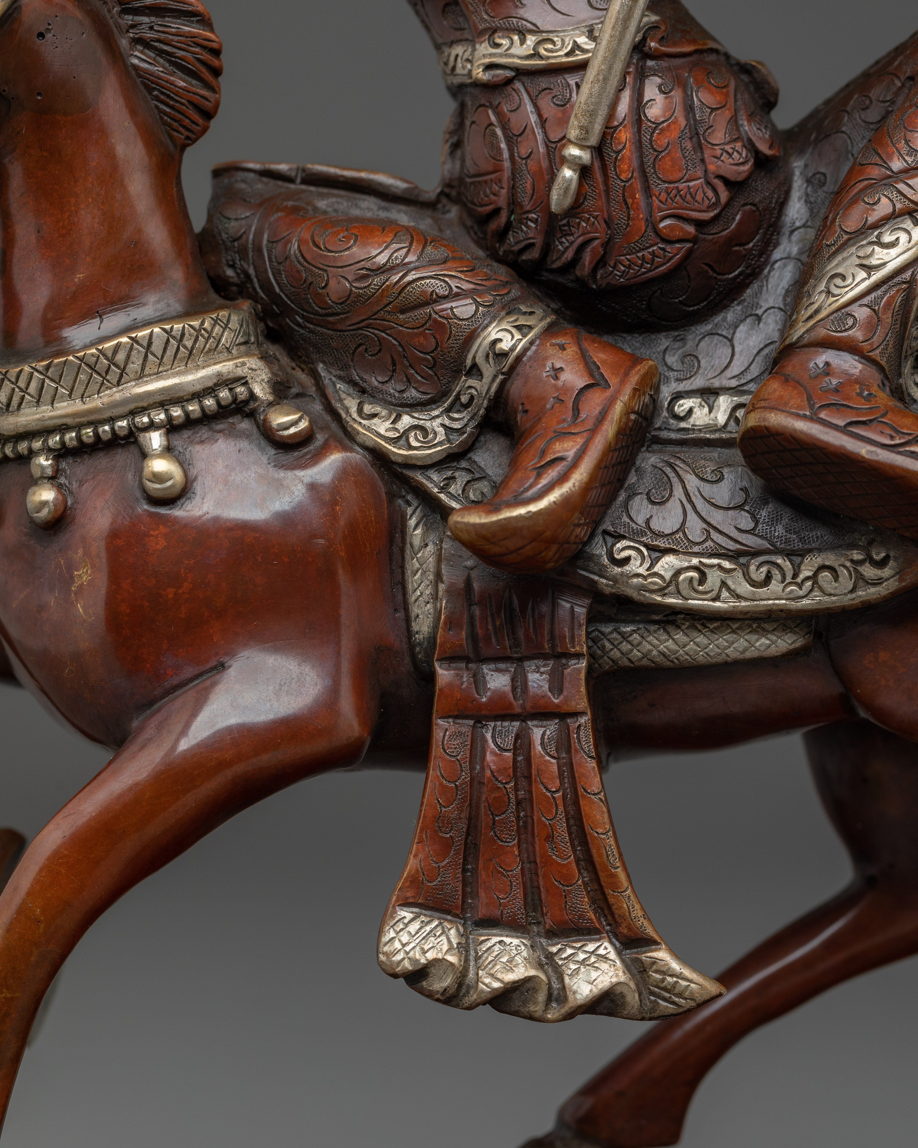 King Gesar Silver Plated Copper Sculpture | Tibetan Warrior King on Horse