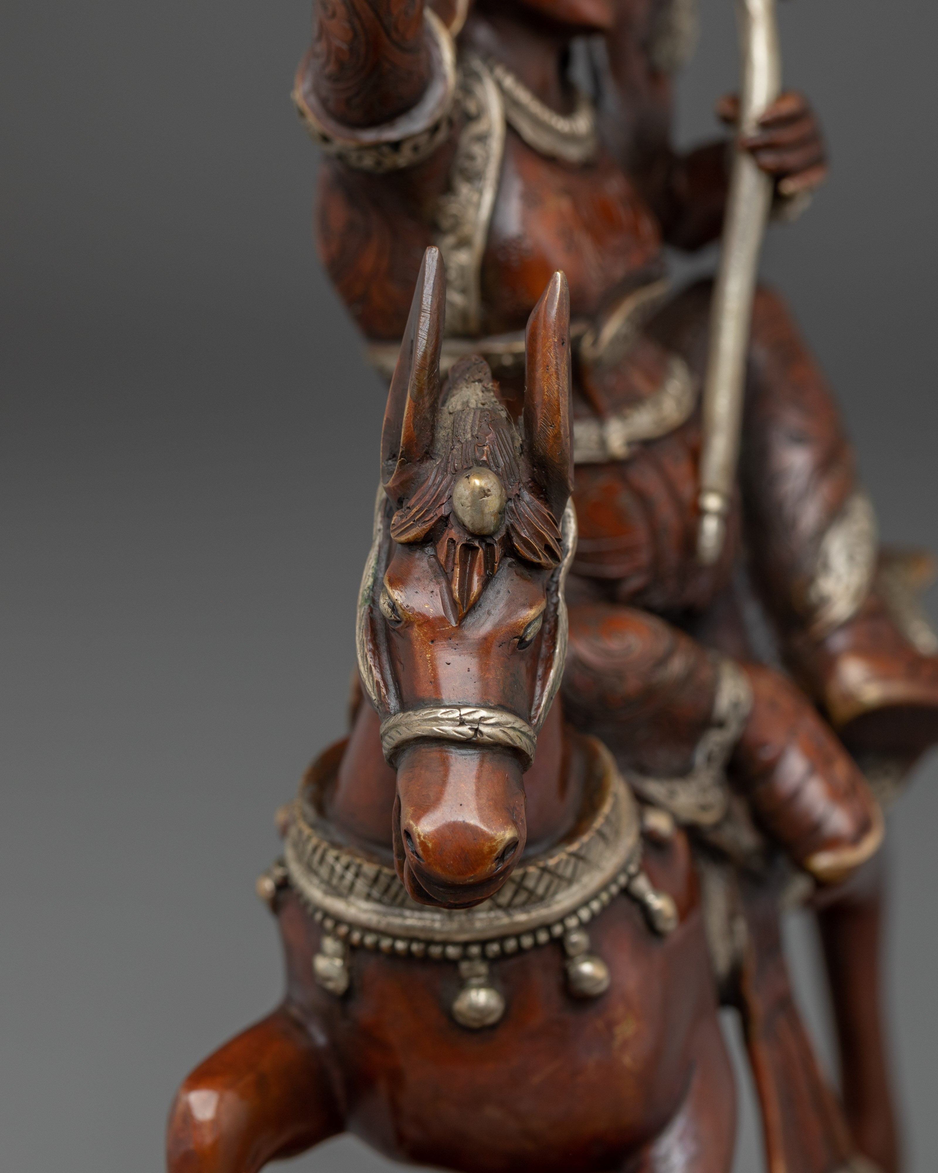 King Gesar Silver Plated Copper Sculpture | Tibetan Warrior King on Horse