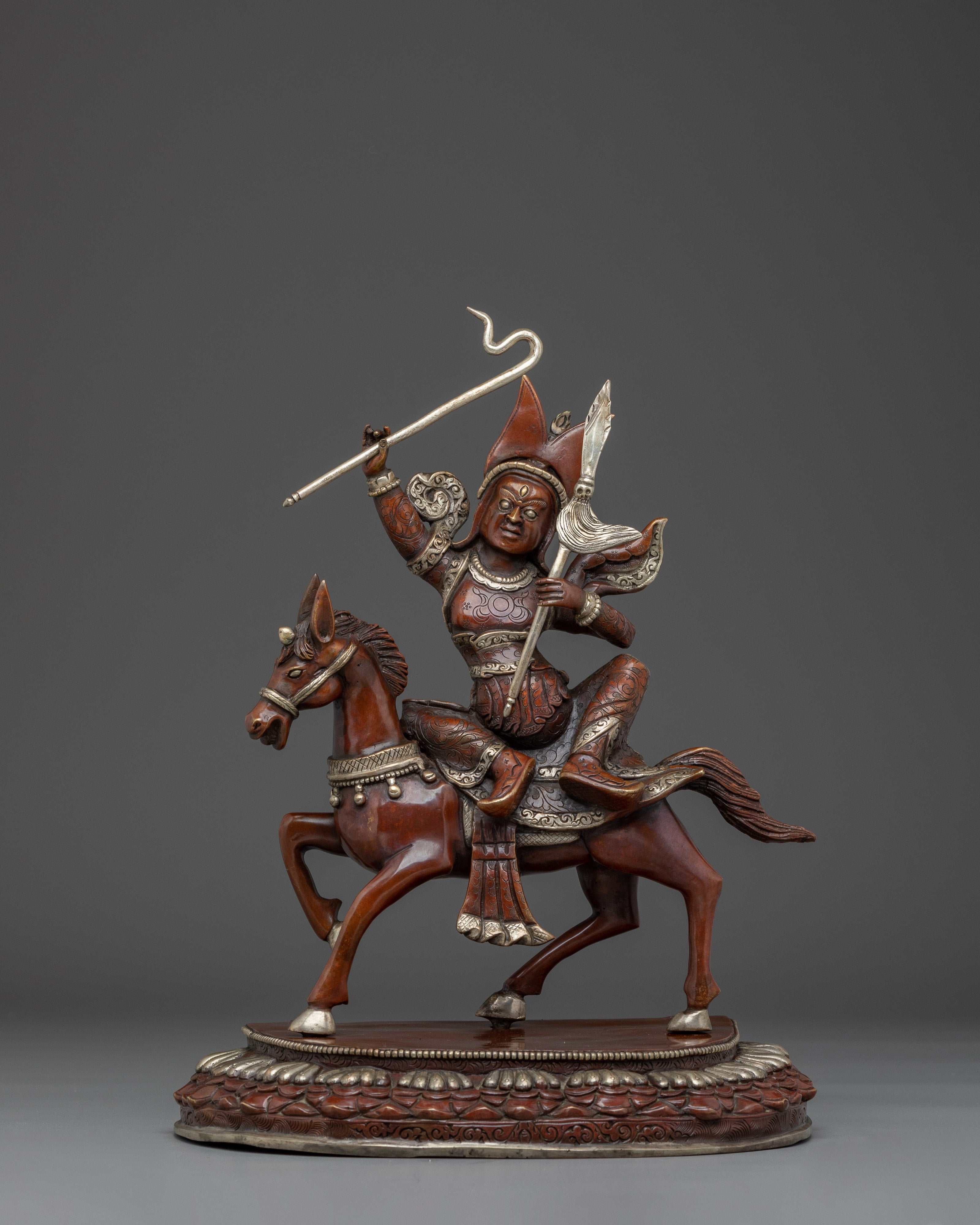 King Gesar Silver Plated Copper Sculpture | Tibetan Warrior King on Horse