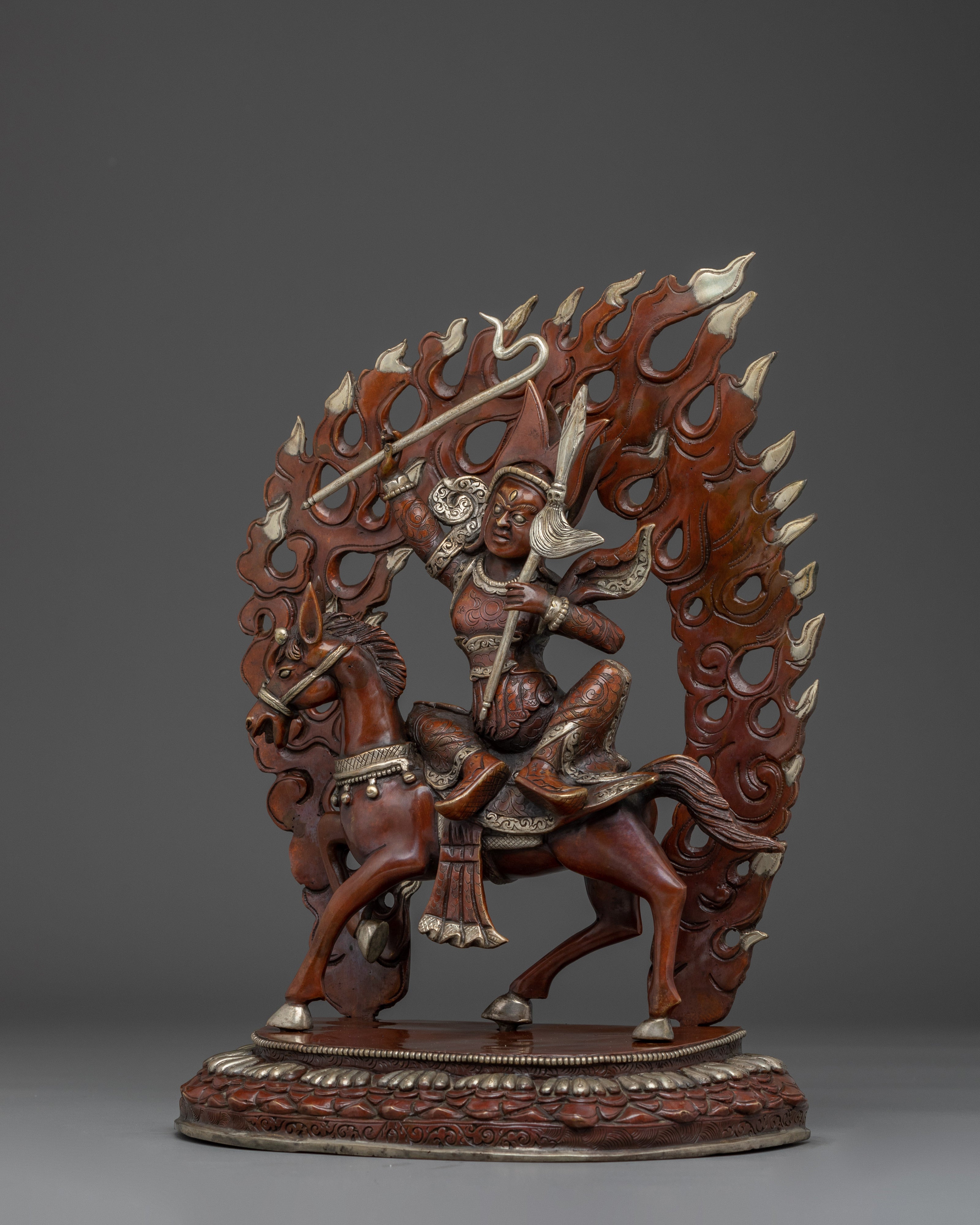 King Gesar Silver Plated Copper Sculpture | Tibetan Warrior King on Horse