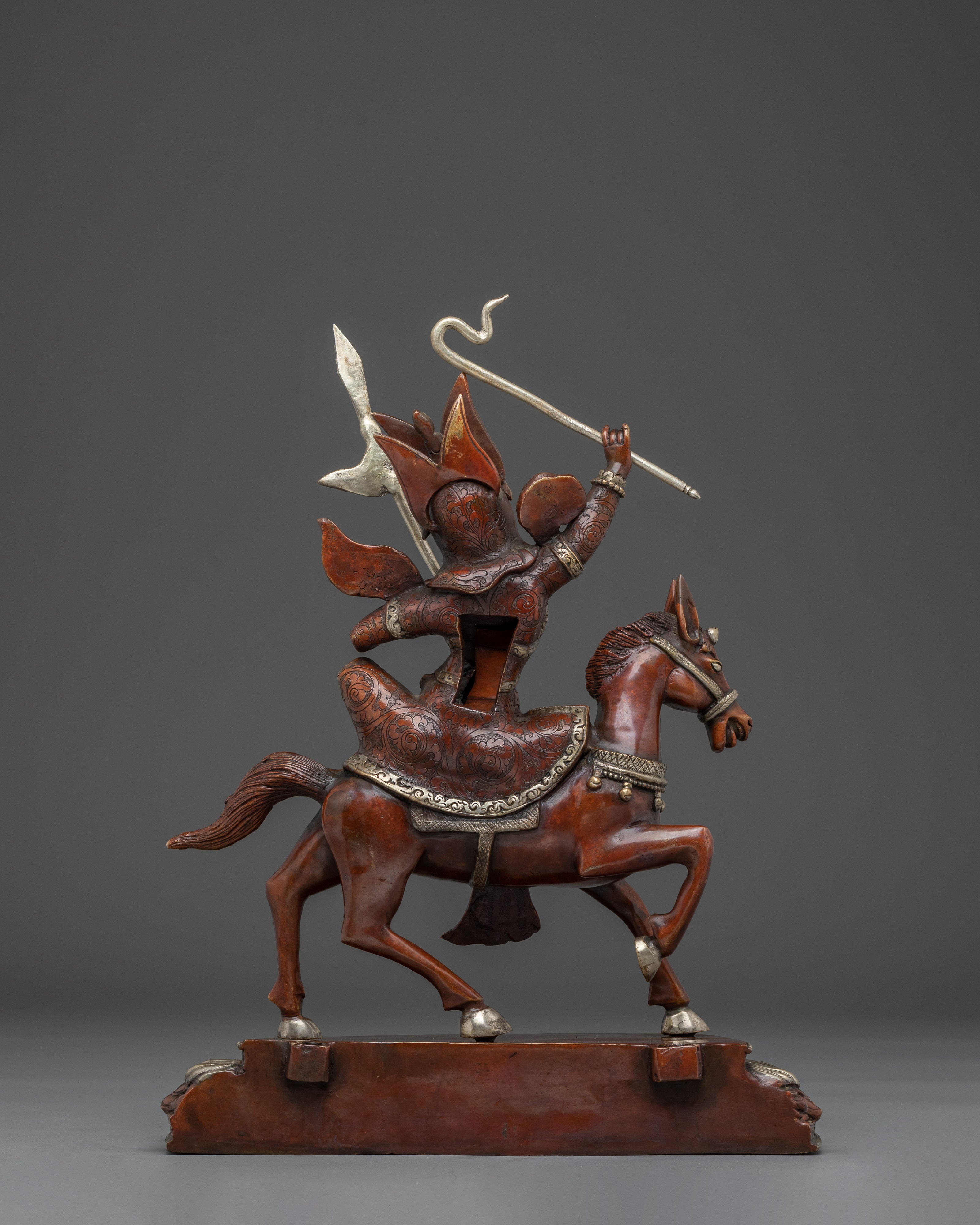 King Gesar Silver Plated Copper Sculpture | Tibetan Warrior King on Horse