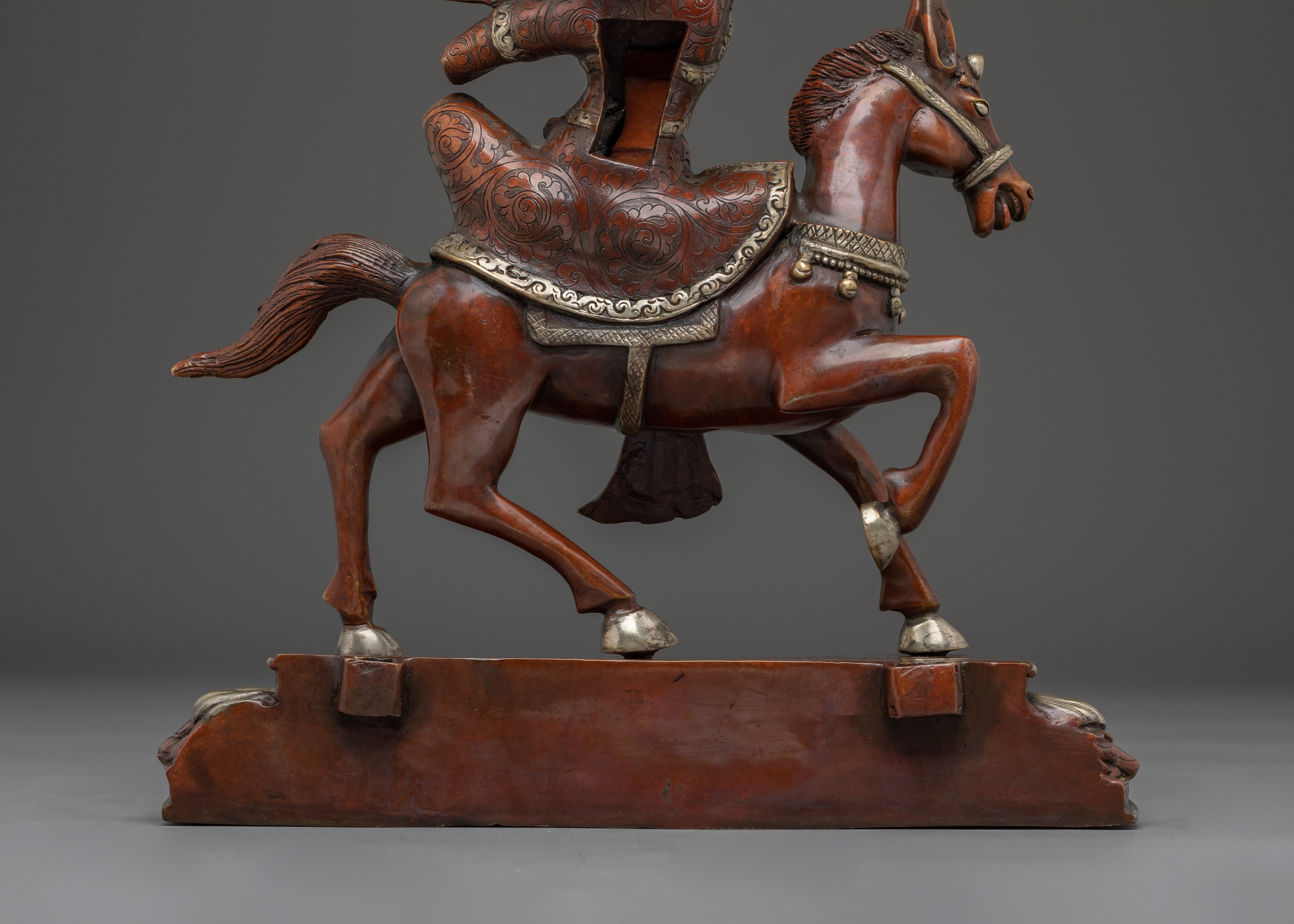 King Gesar Silver Plated Copper Sculpture | Tibetan Warrior King on Horse