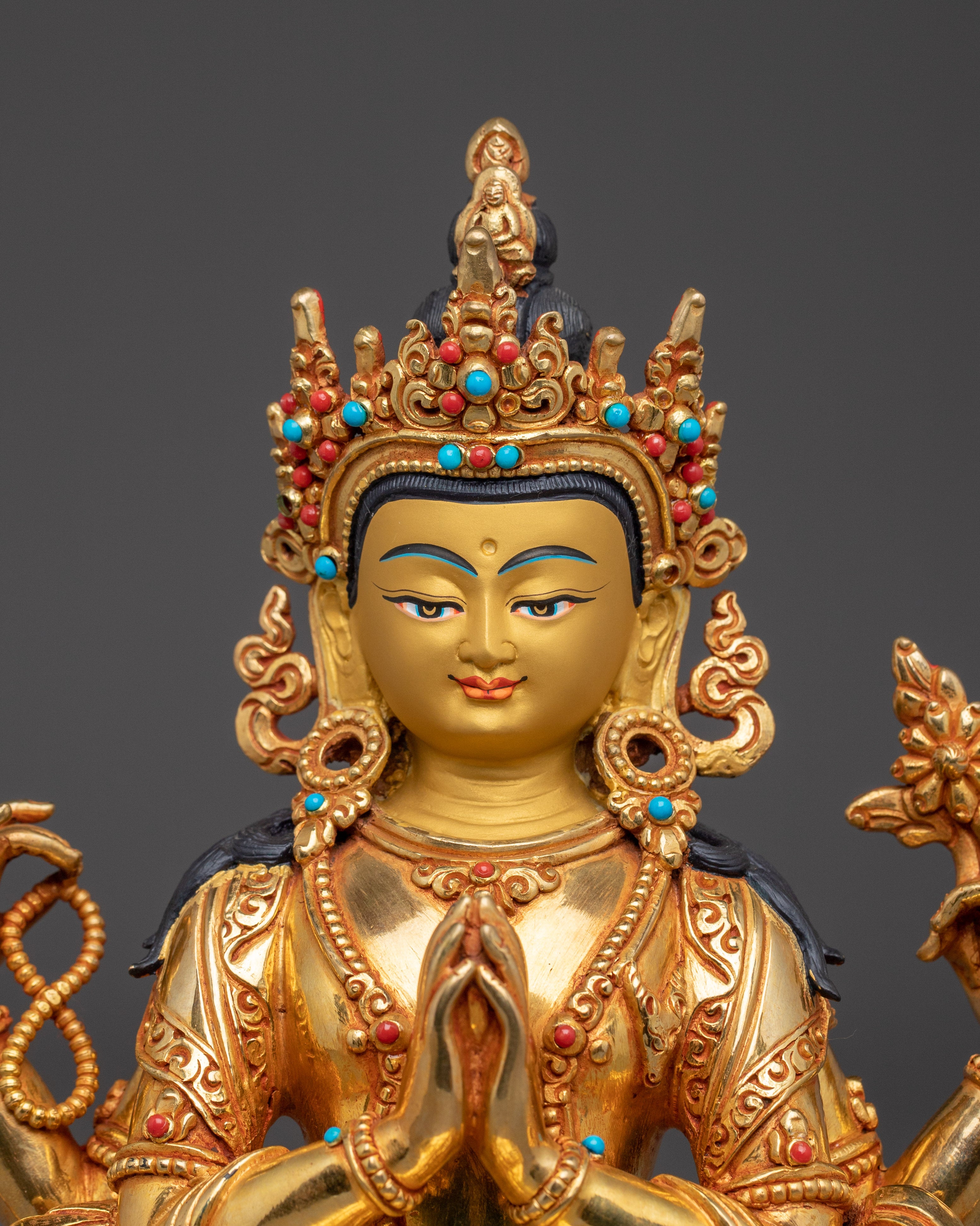 Tibetan Compassion Deity Chenrezig | Gold-Gilded Peaceful  Sculpture