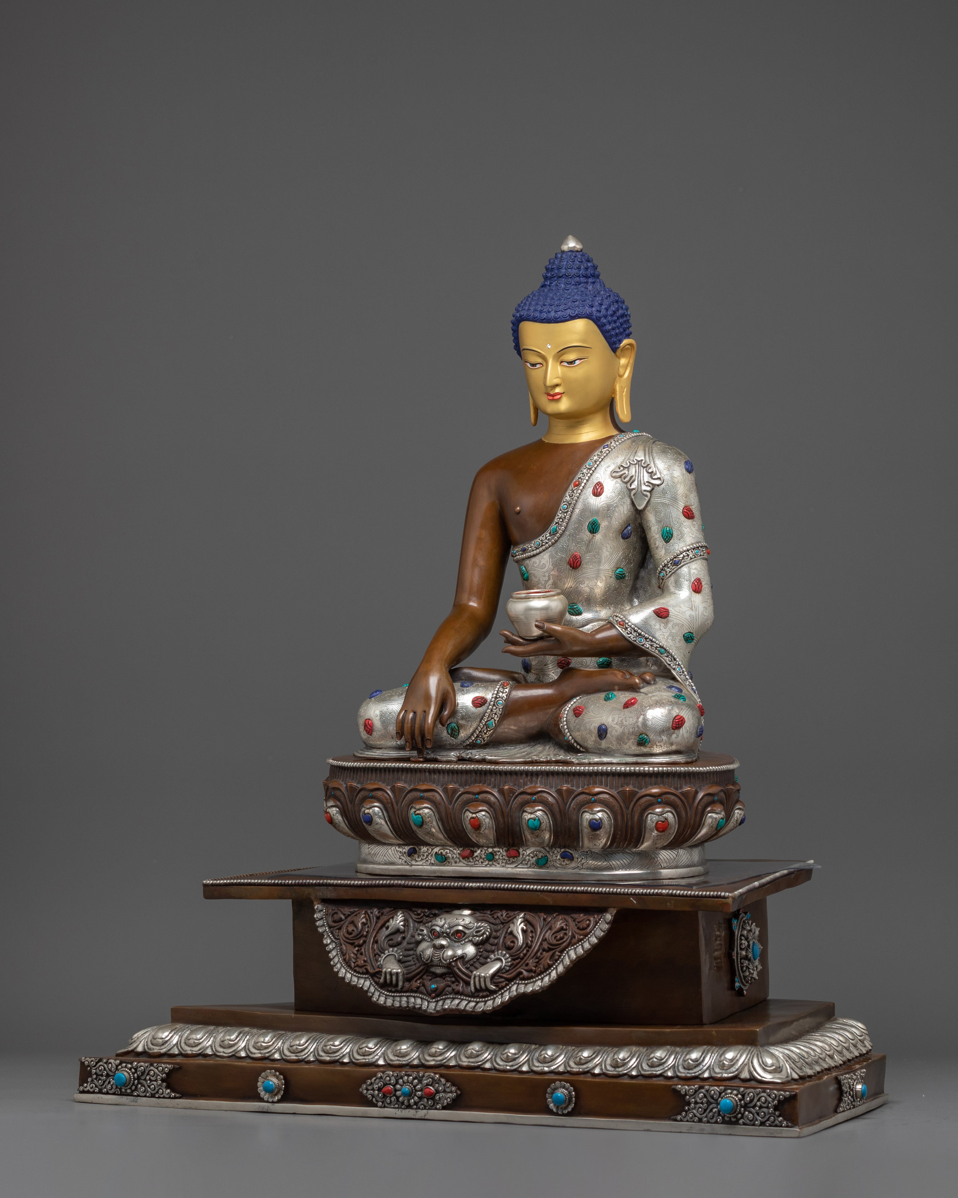 Shakyamuni Buddha Statue Seated on a Throne | Silver Plated, & Gemstone Detailing