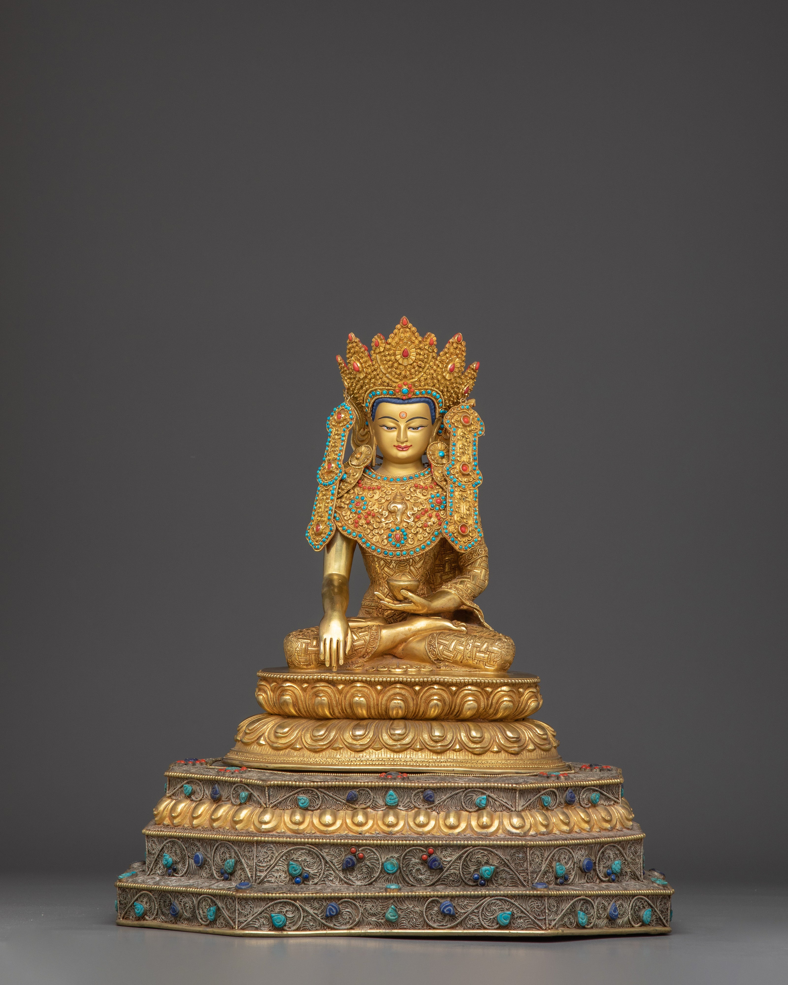 Crowned Shakyamuni Buddha on Throne Statue