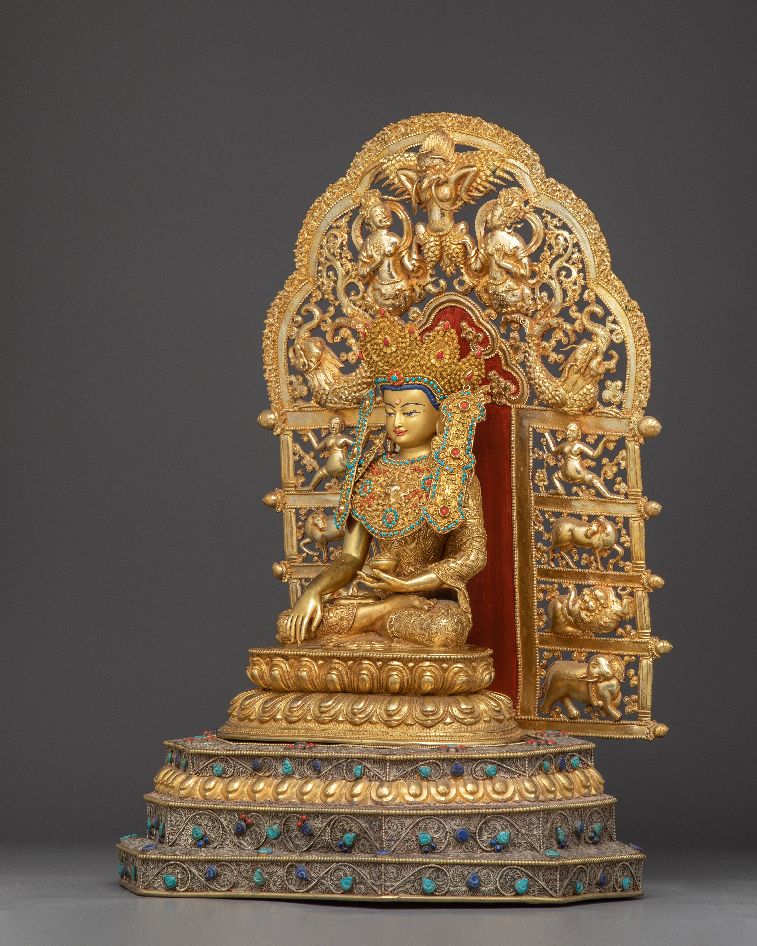 Crowned Shakyamuni Buddha on Throne Statue
