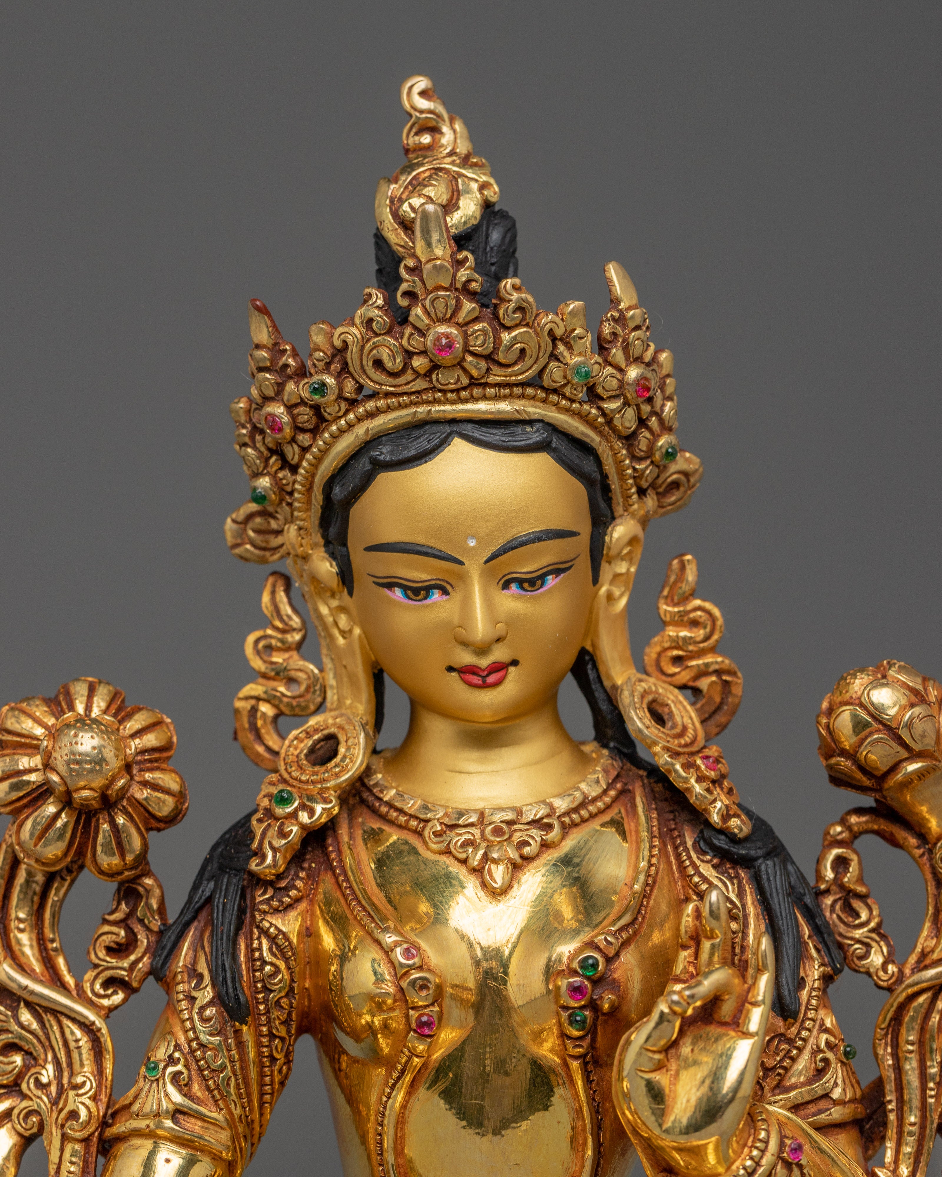 Green Tara, Lotus Seated Goddess Icon | Gold Gilded Tibetan Sculpture