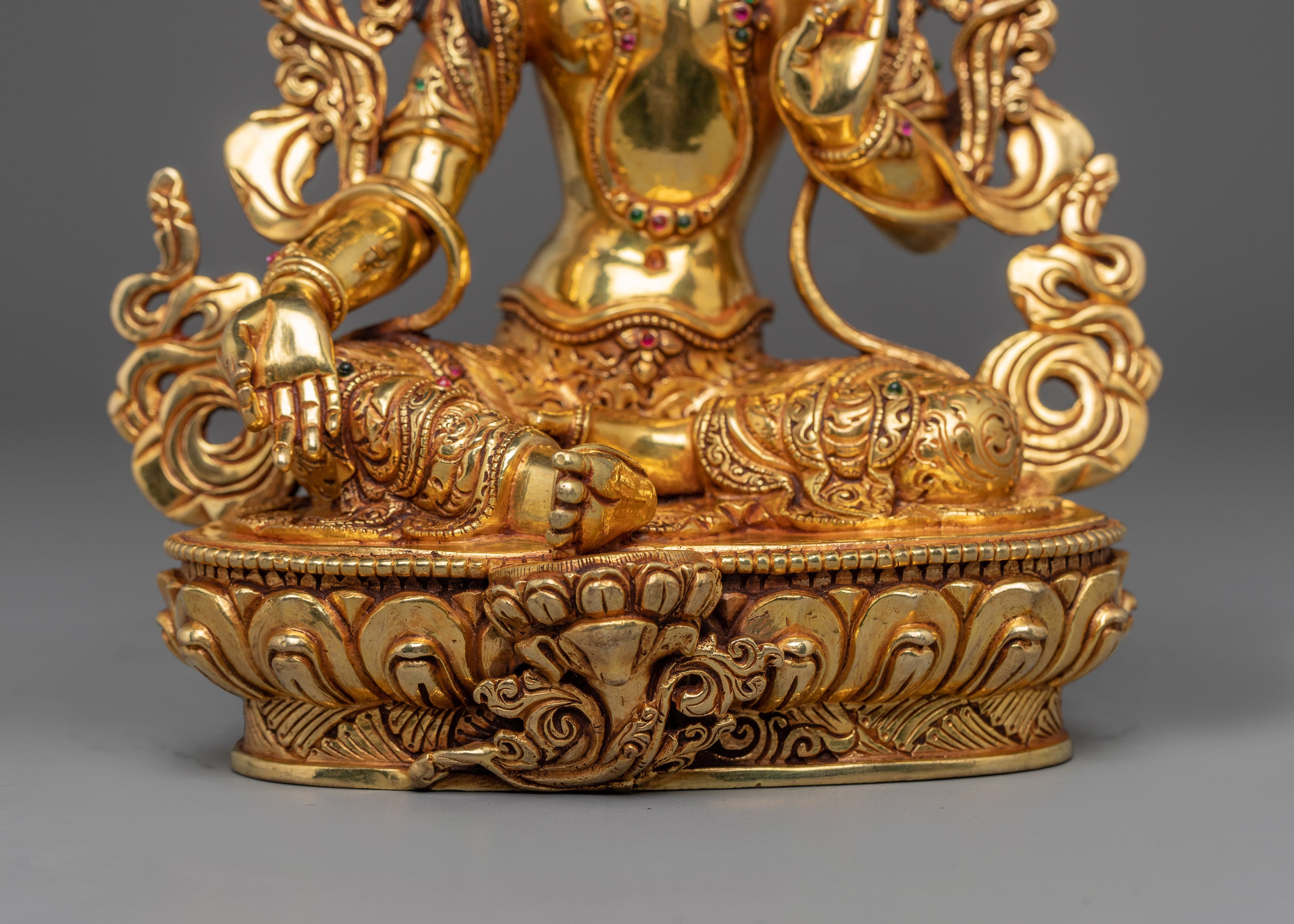 Green Tara, Lotus Seated Goddess Icon | Gold Gilded Tibetan Sculpture