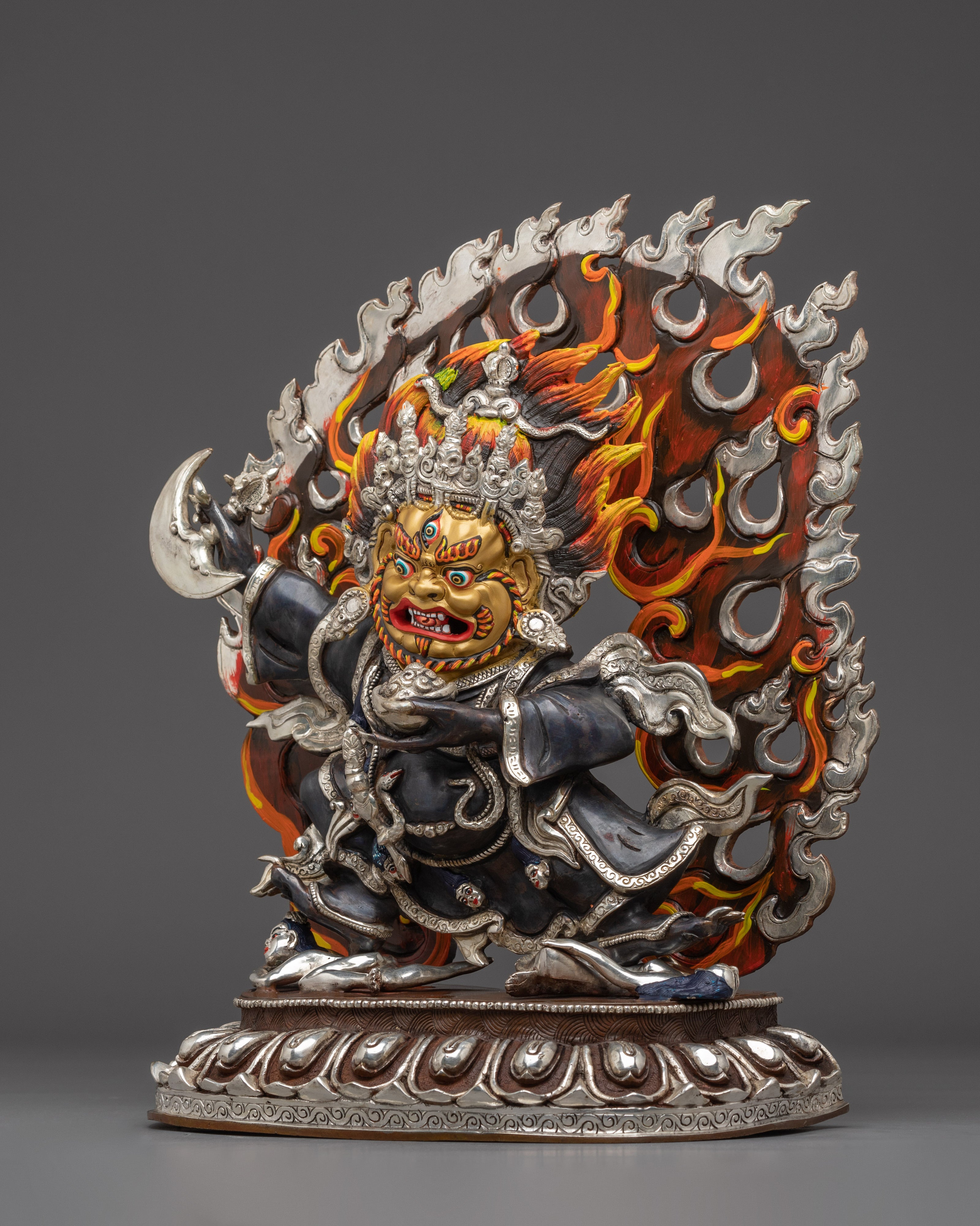 Silver-plated Mahakala Bernagchen statue | Spiritual Protection & Devotion