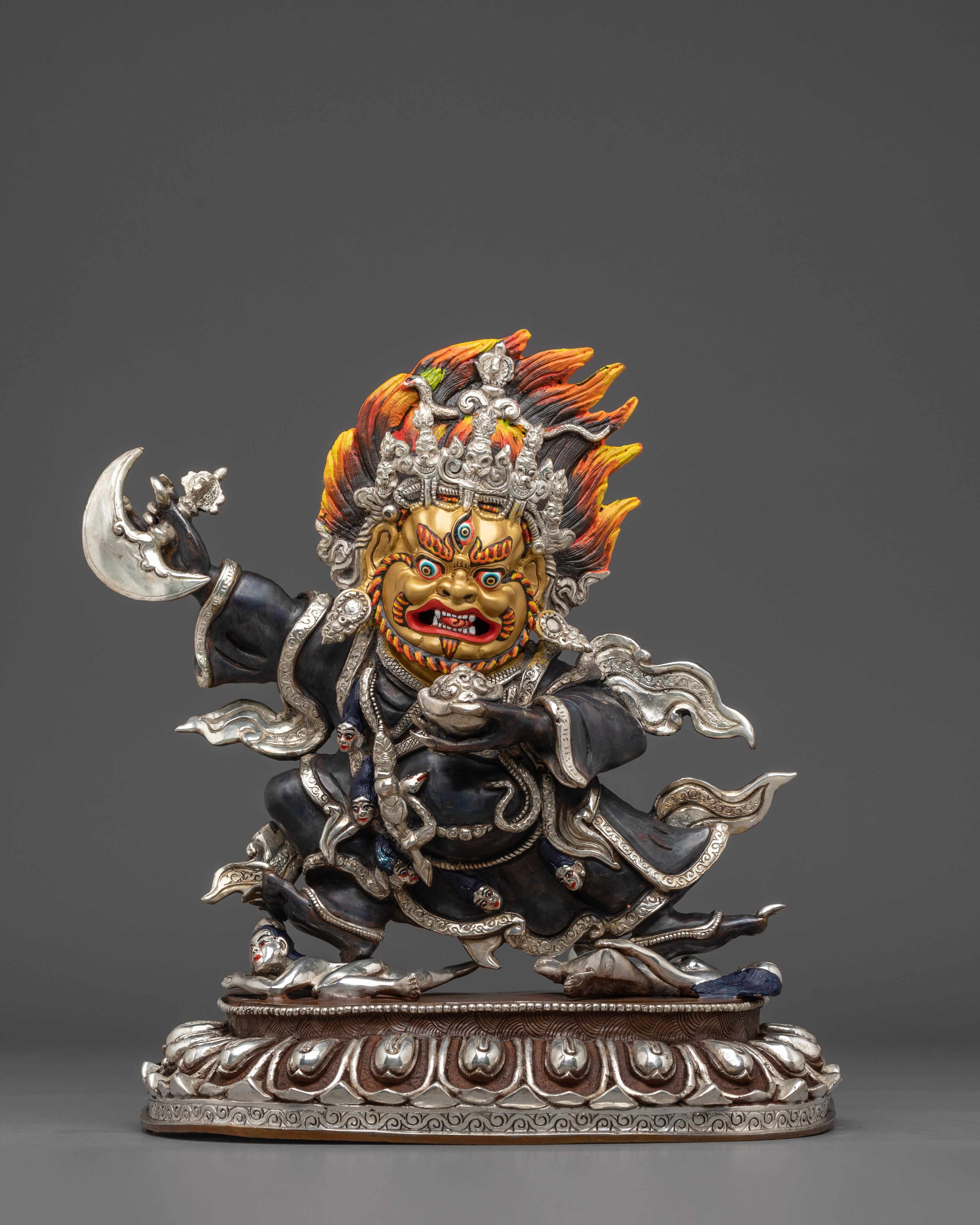 Silver-plated Mahakala Bernagchen statue | Spiritual Protection & Devotion