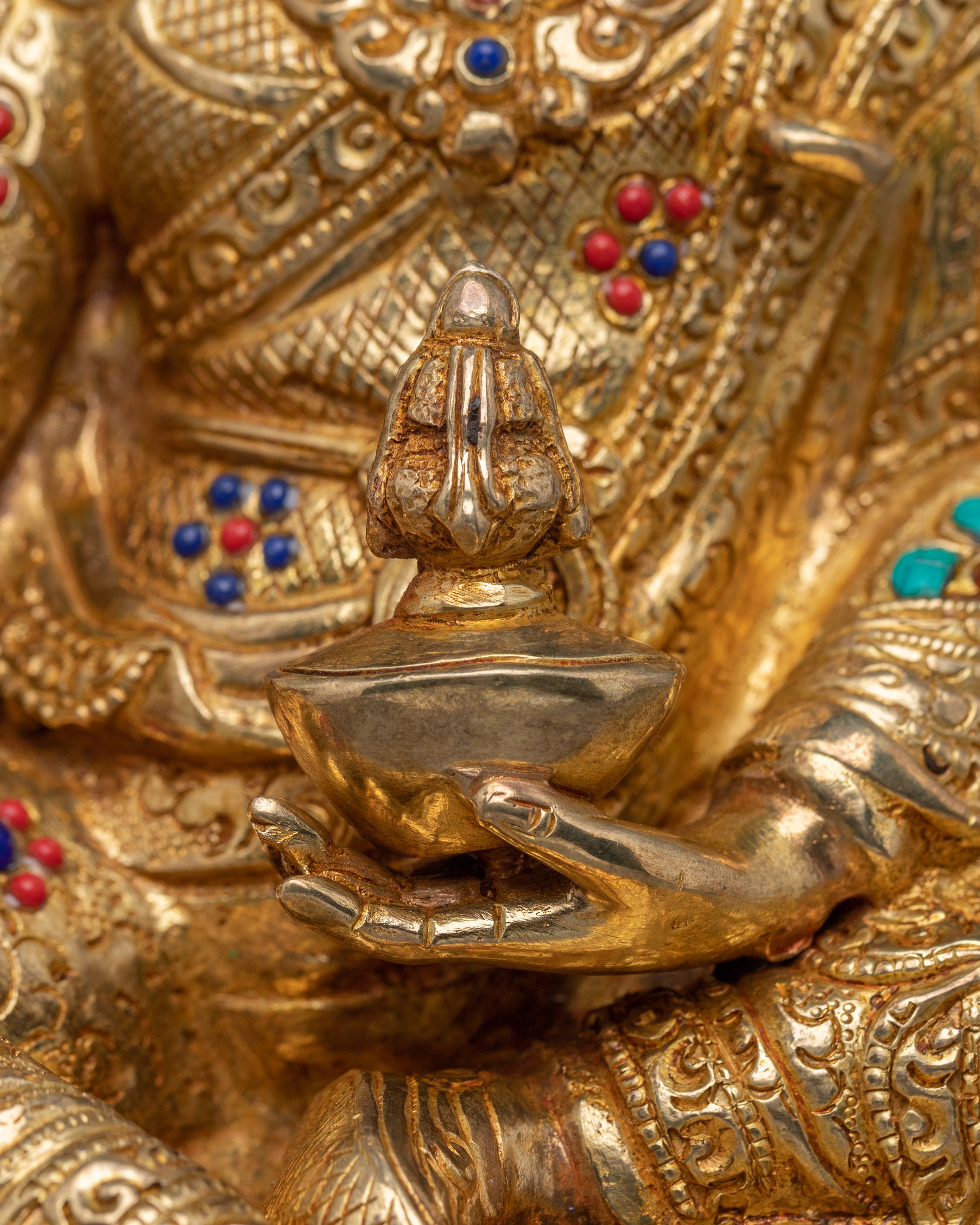 24K Gold Guru Rinpoche statue | Padmasambhava Copper Sculpture for Meditation