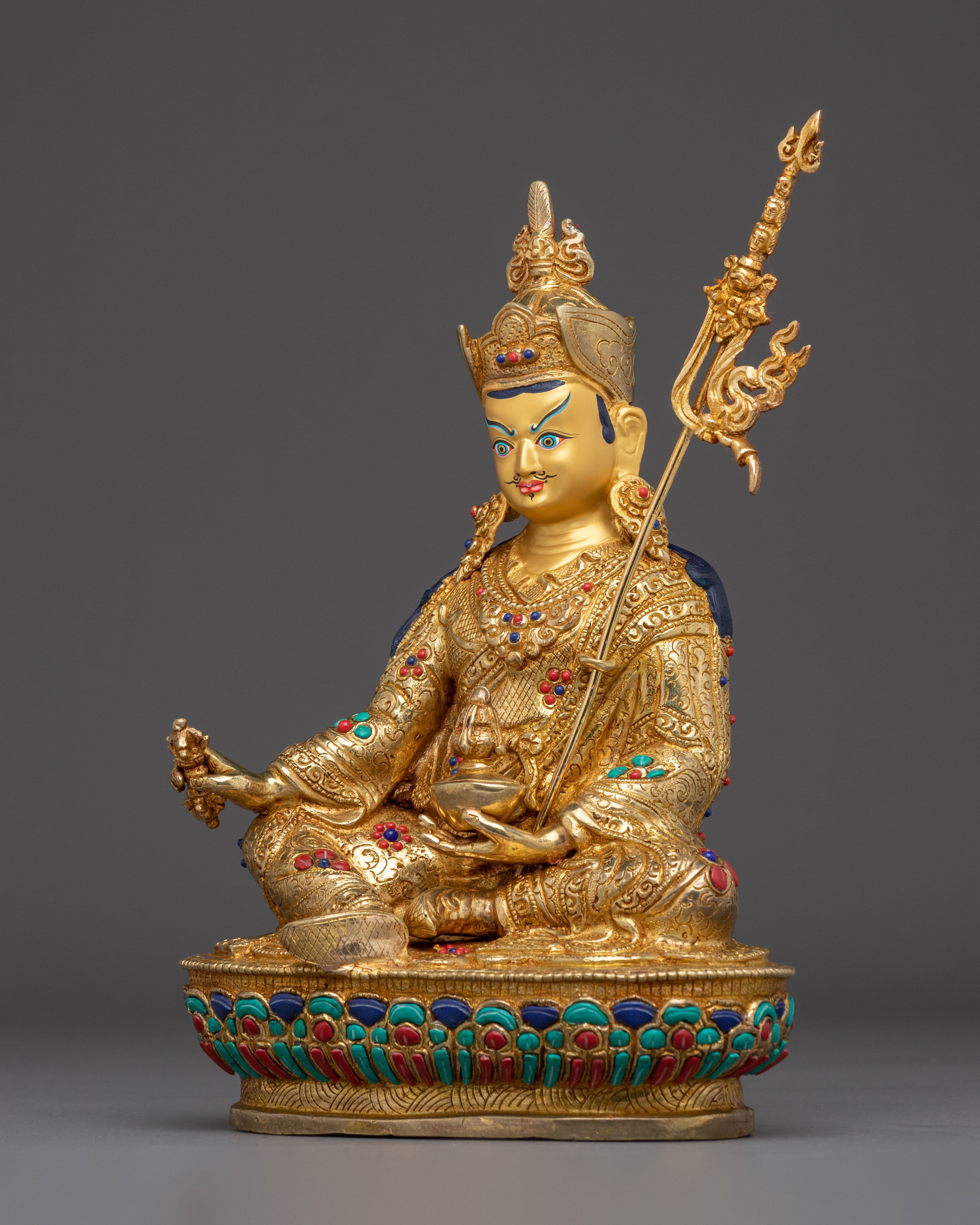 24K Gold Guru Rinpoche statue | Padmasambhava Copper Sculpture for Meditation