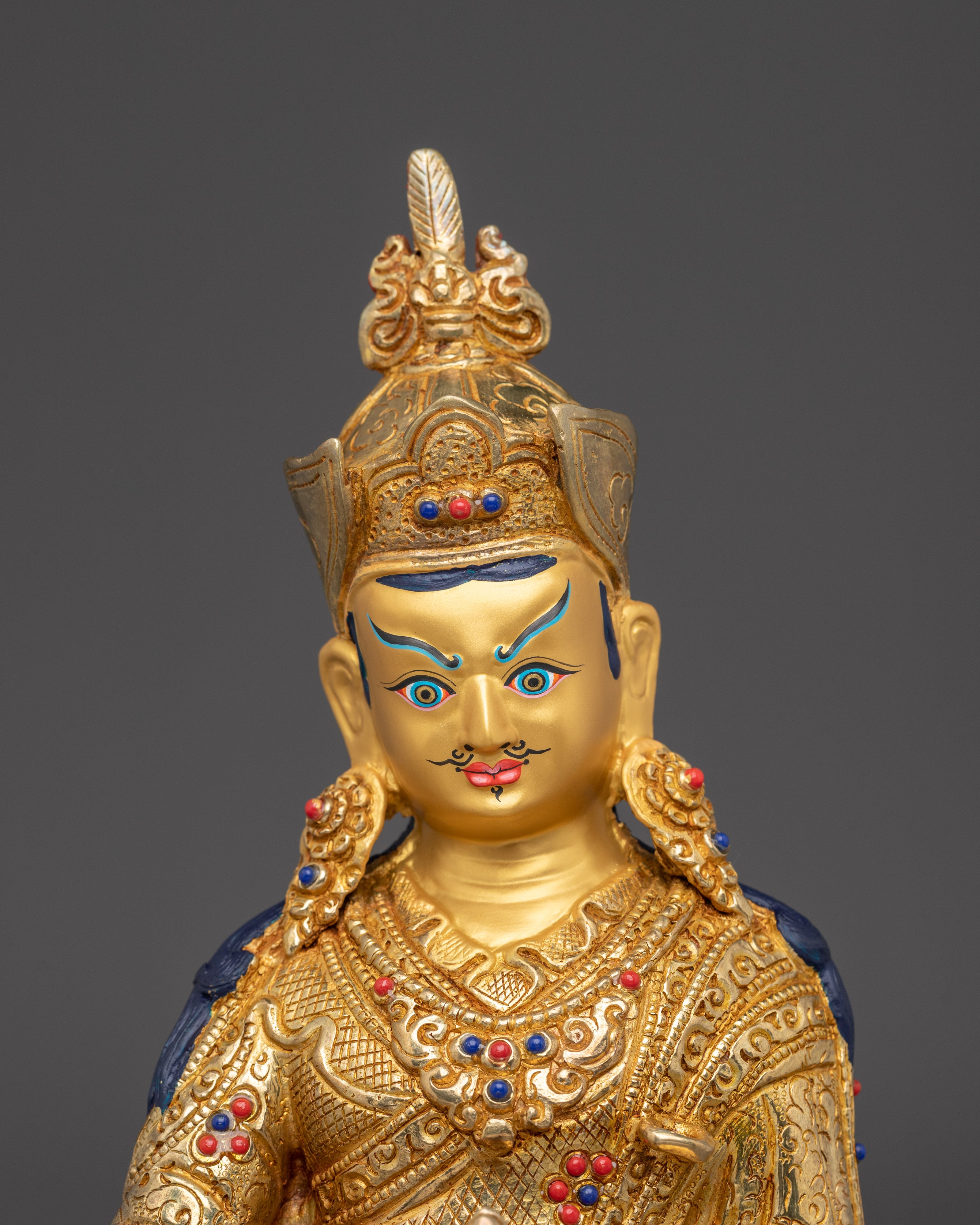 24K Gold Guru Rinpoche statue | Padmasambhava Copper Sculpture for Meditation