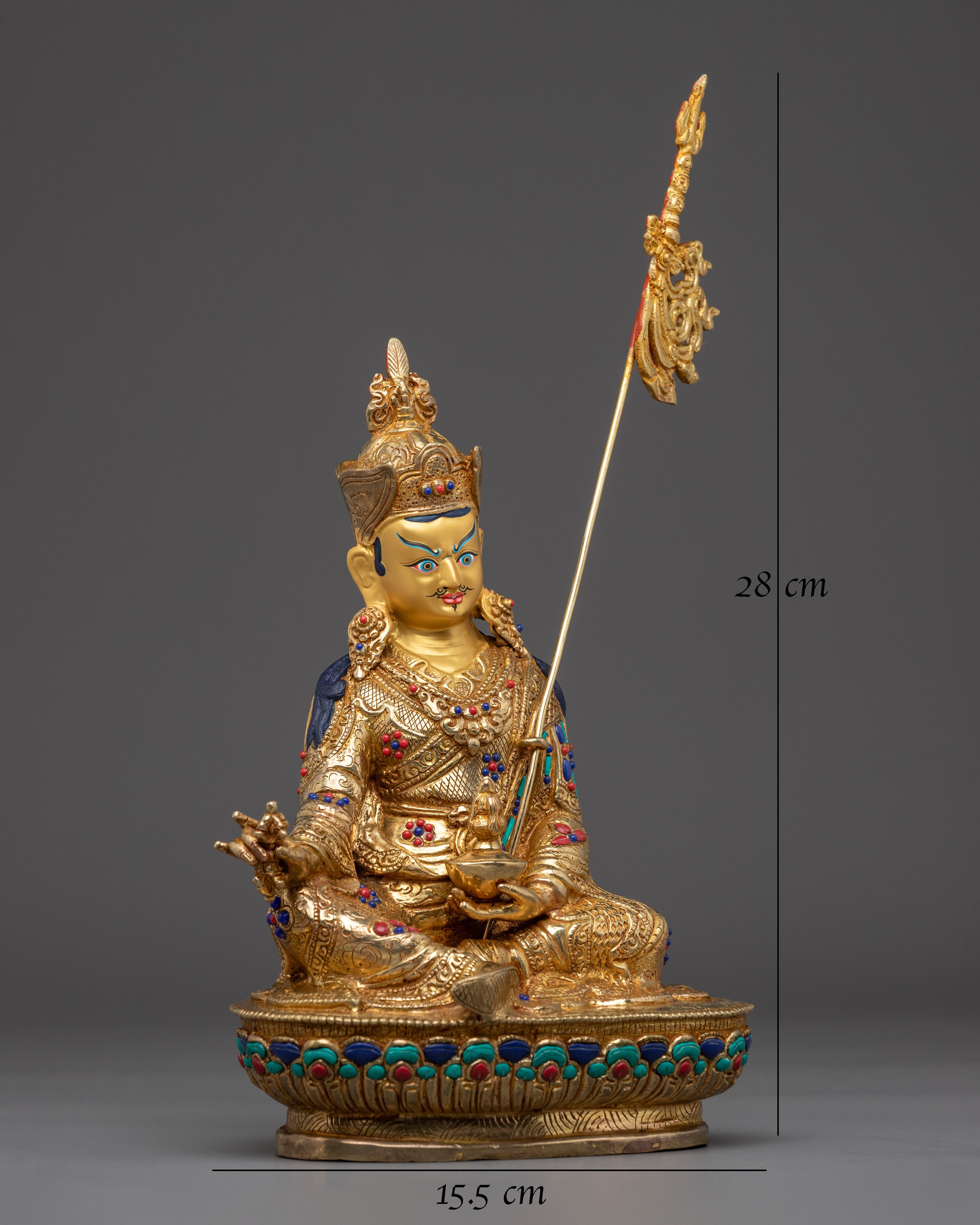 Gemstone-Adorned 24K Gold Guru Rinpoche Statue