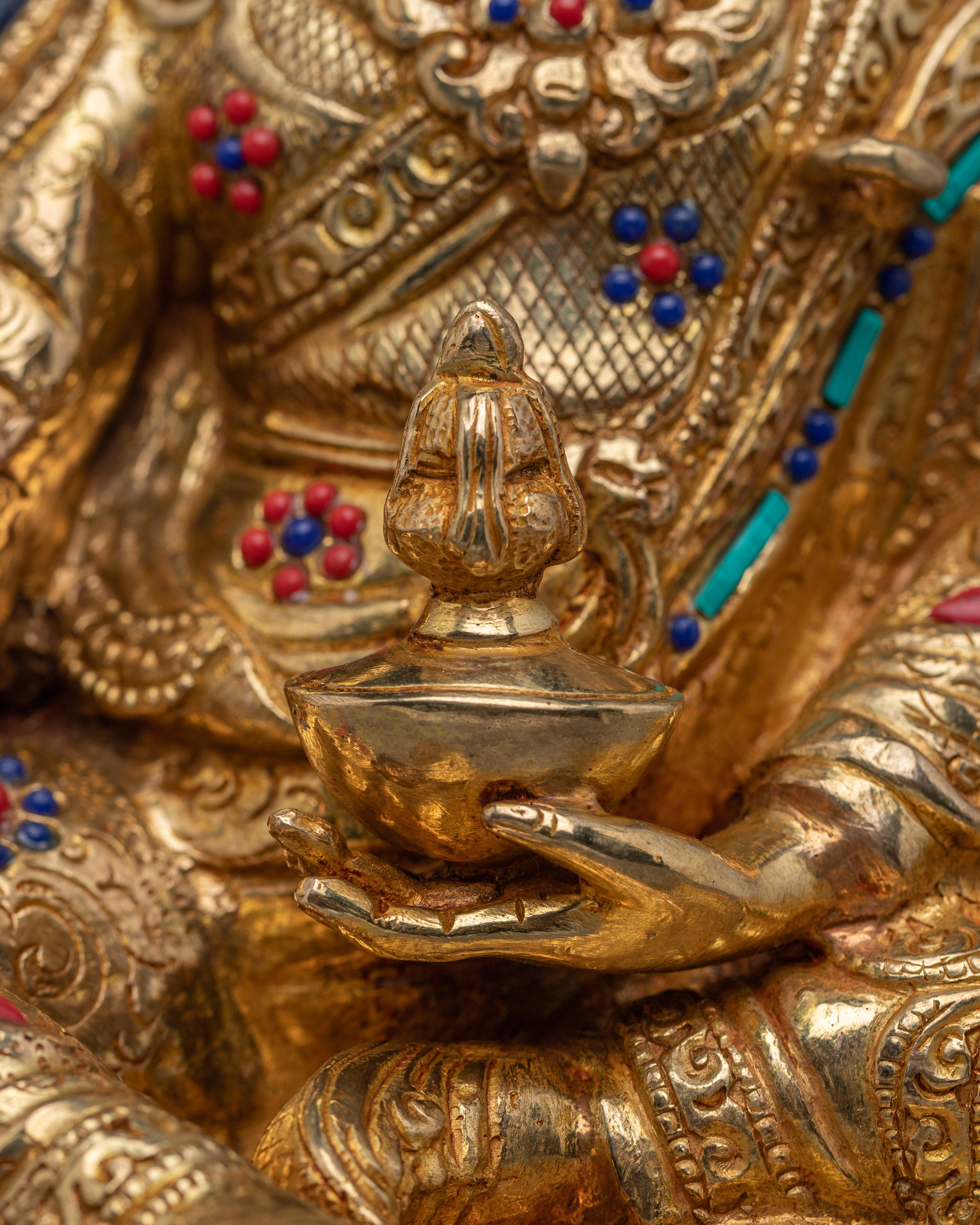 Gemstone-Adorned 24K Gold Guru Rinpoche Statue | Meditation & Protection