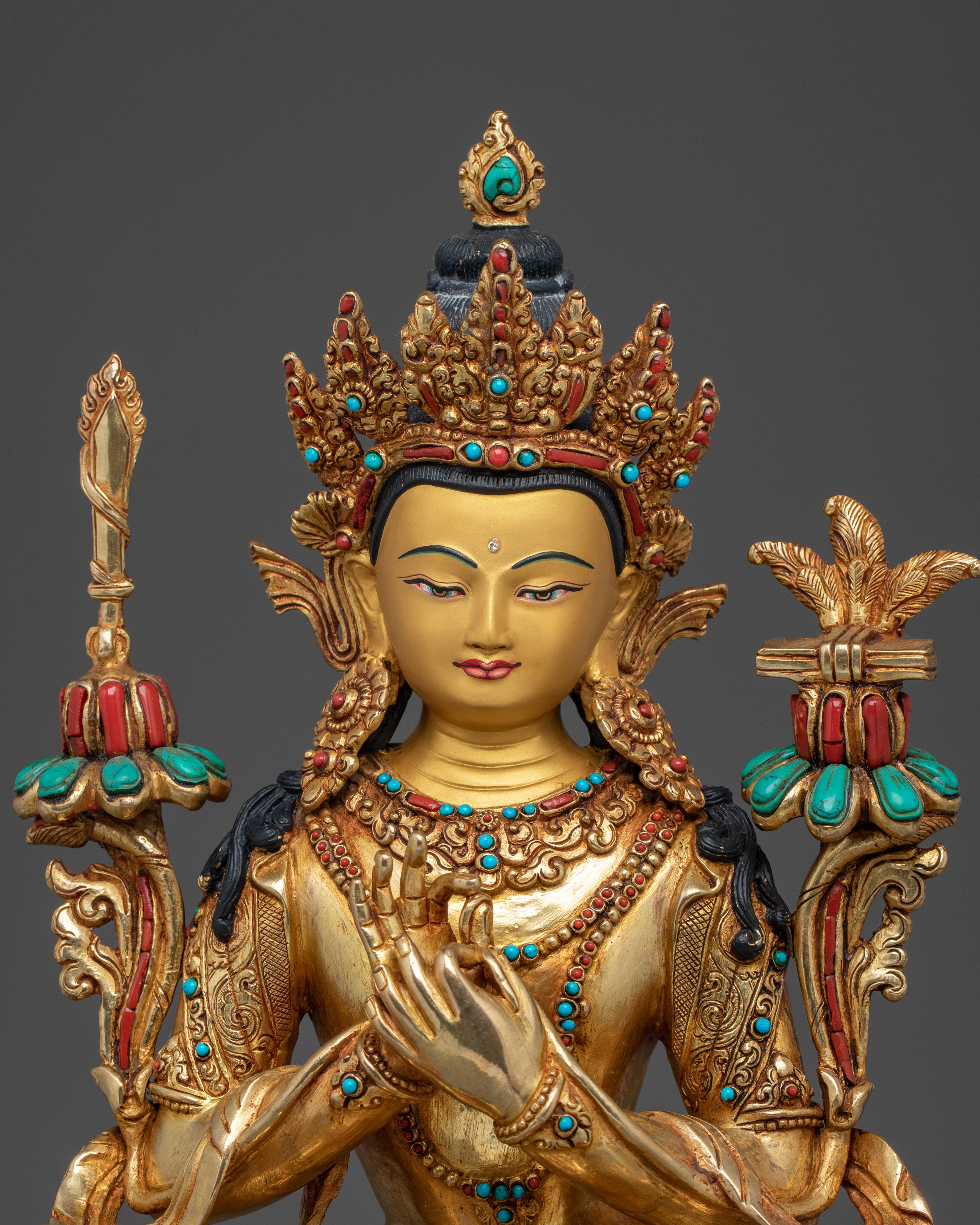 Manjushri Statue in 24K Gold Gilding and Copper | Bodhisattva of Wisdom