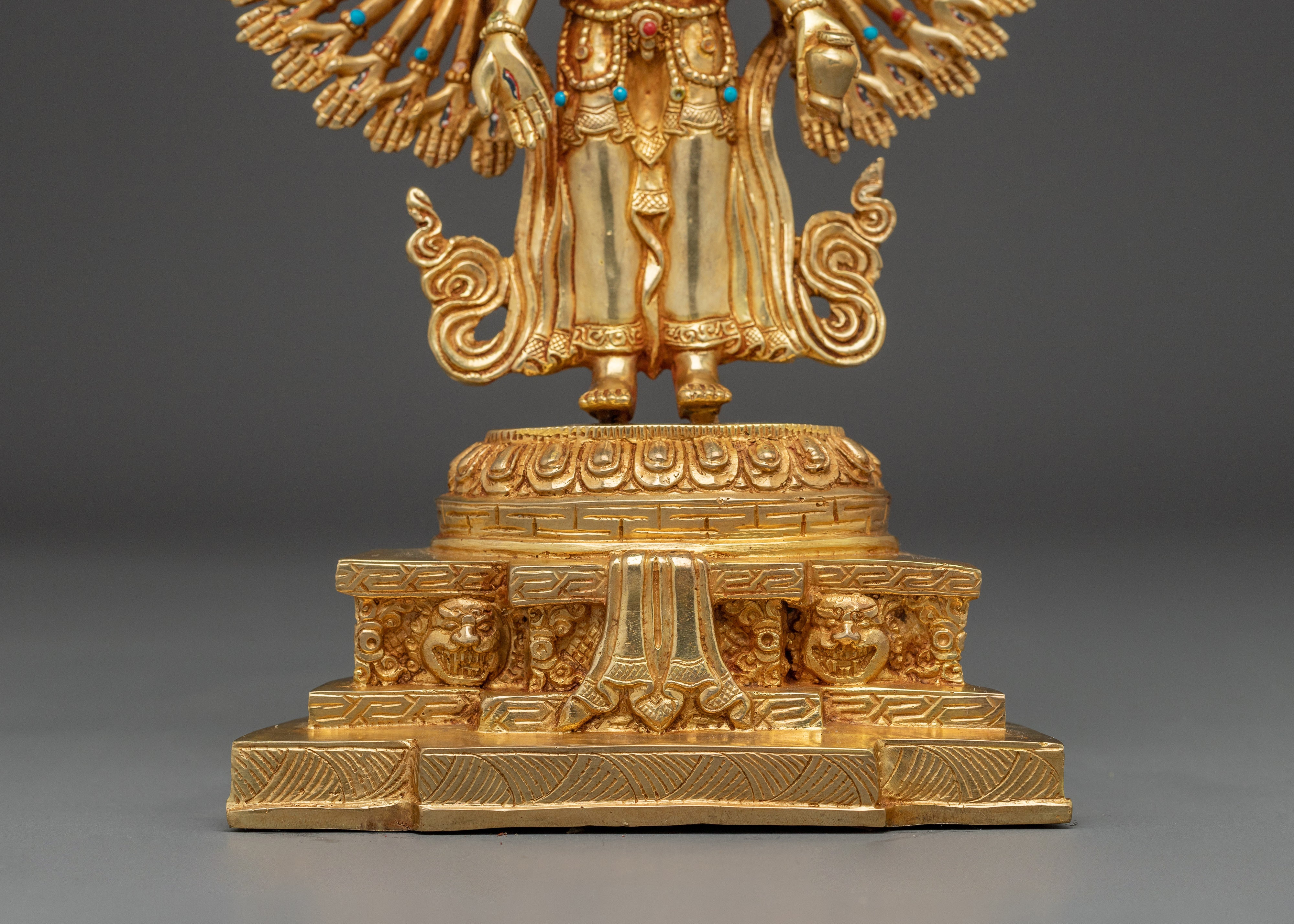 Golden Thousand Armed Chenrezig Figurine | Himalayan Traditional Sacred Artwork