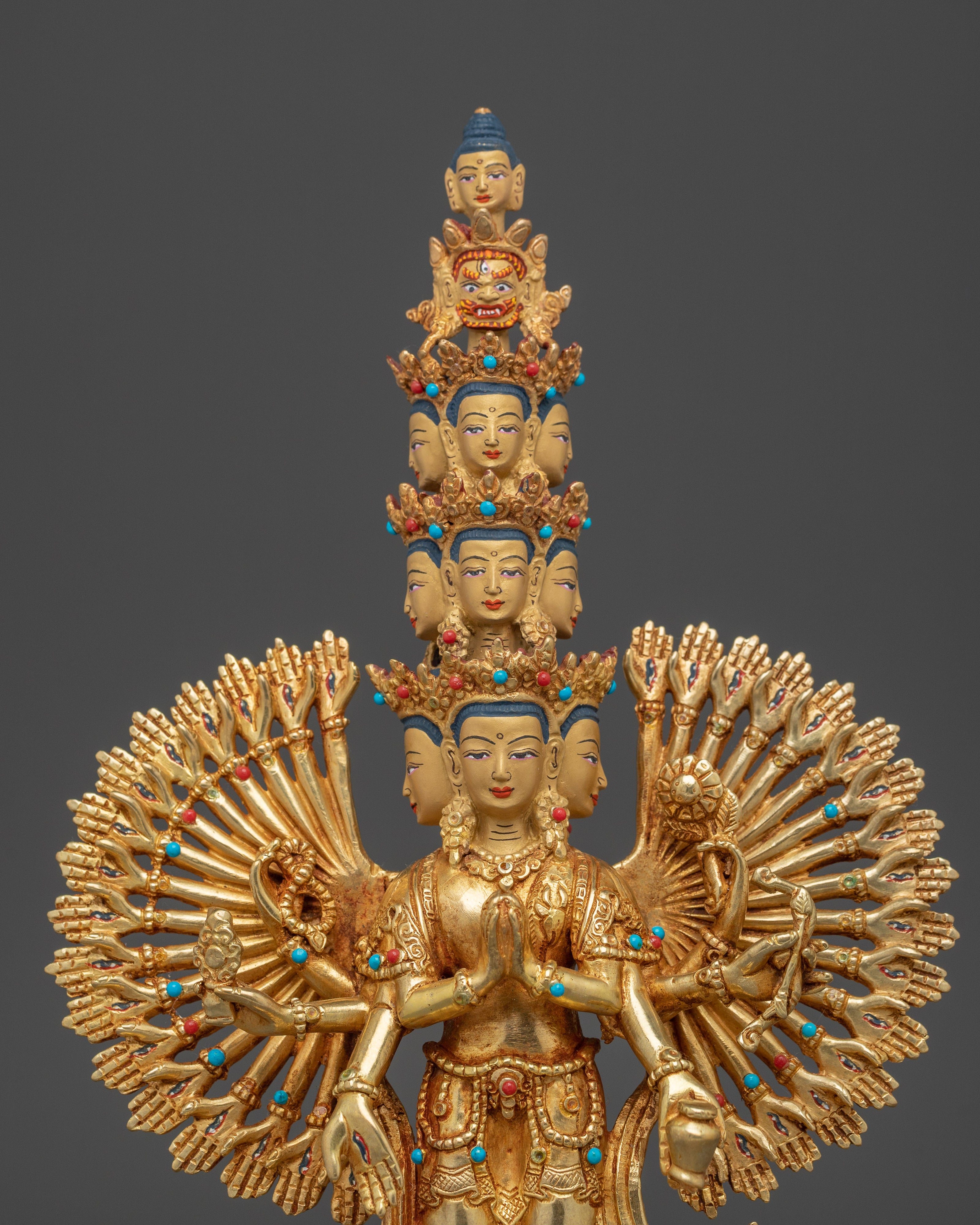 Golden Thousand Armed Chenrezig Figurine | Himalayan Traditional Sacred Artwork