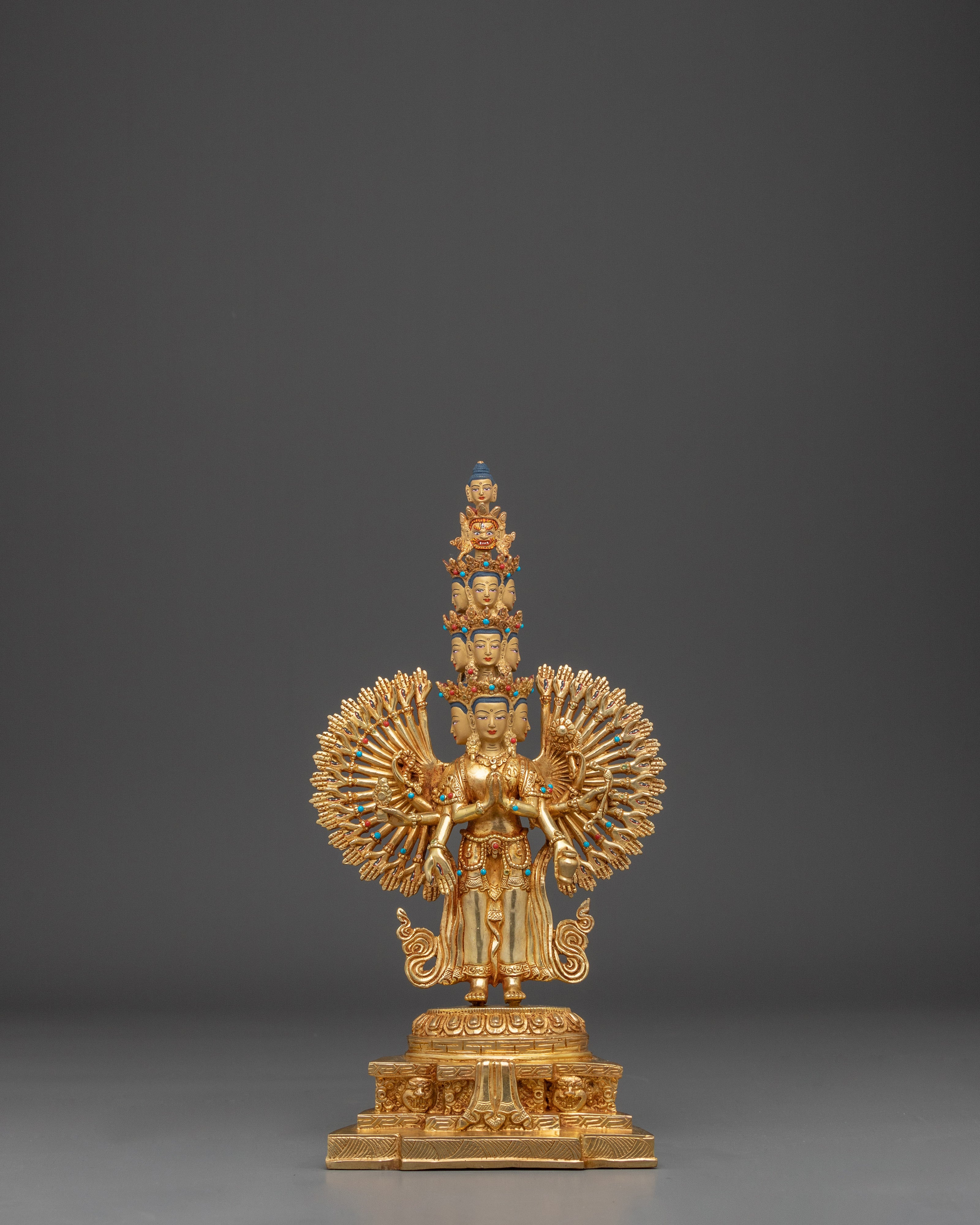 Golden Thousand Armed Chenrezig Figurine | Himalayan Traditional Sacred Artwork