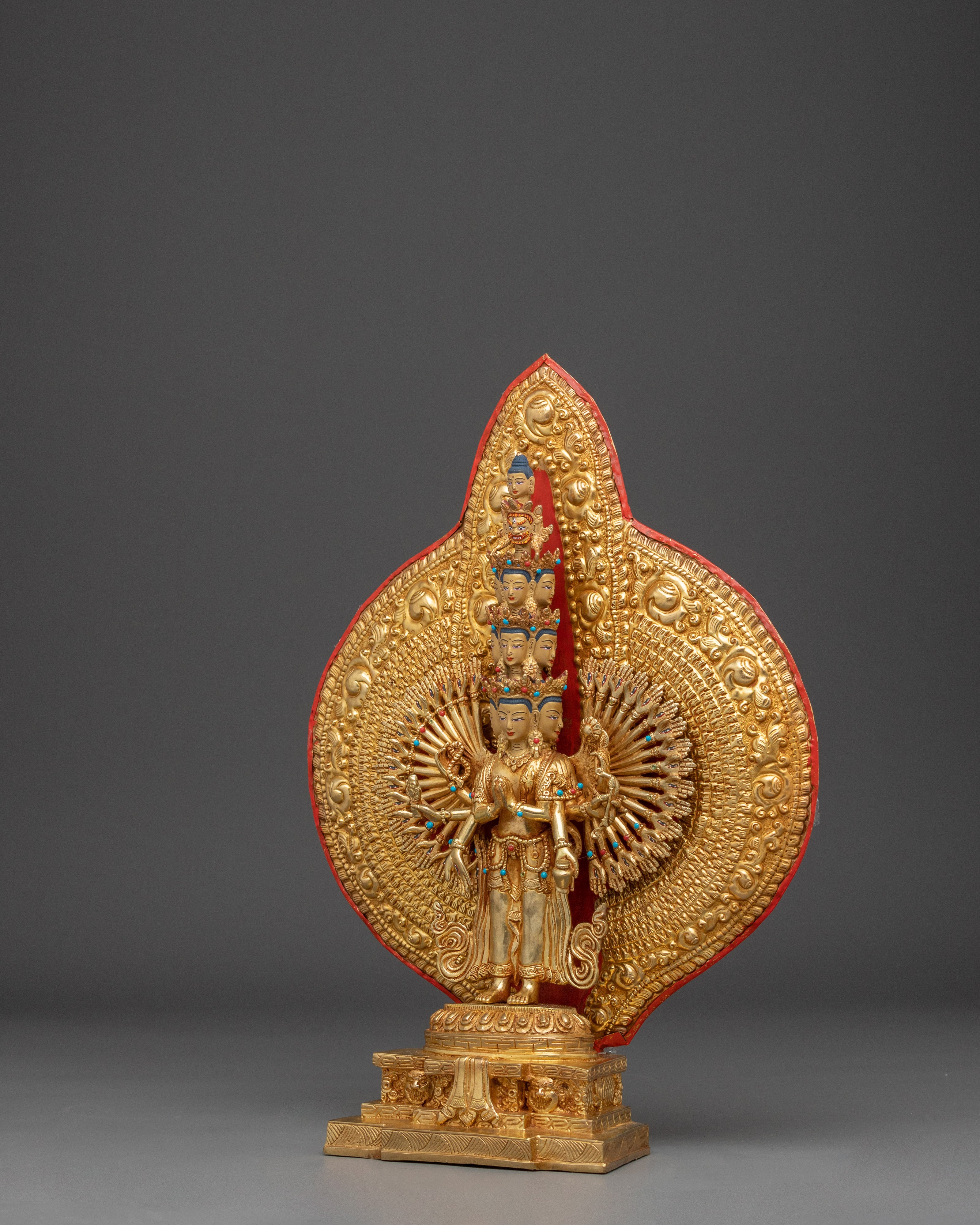Golden Thousand Armed Chenrezig Figurine | Himalayan Traditional Sacred Artwork