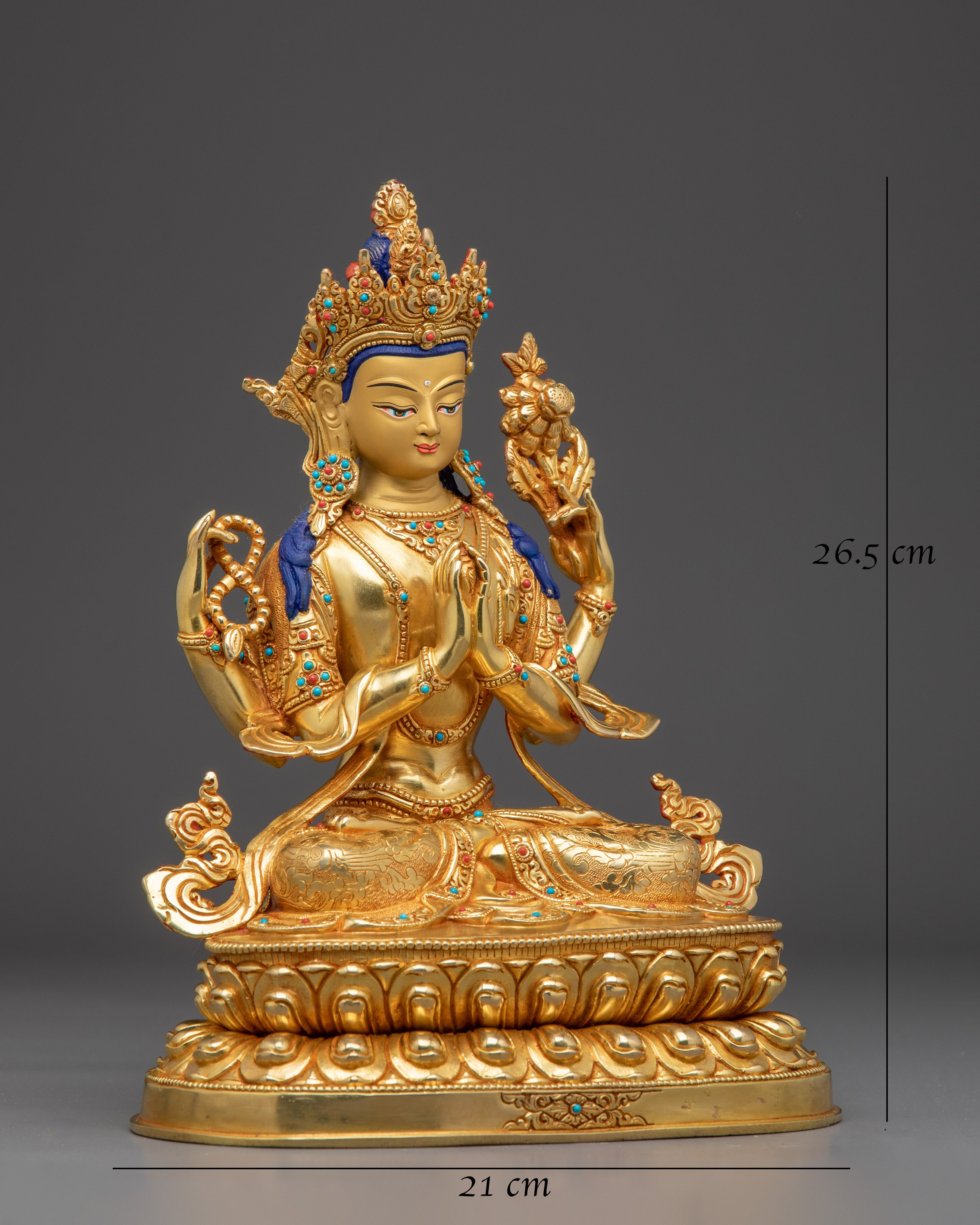 24K Gold Gilded Copper Deity Chenrezig Statue 