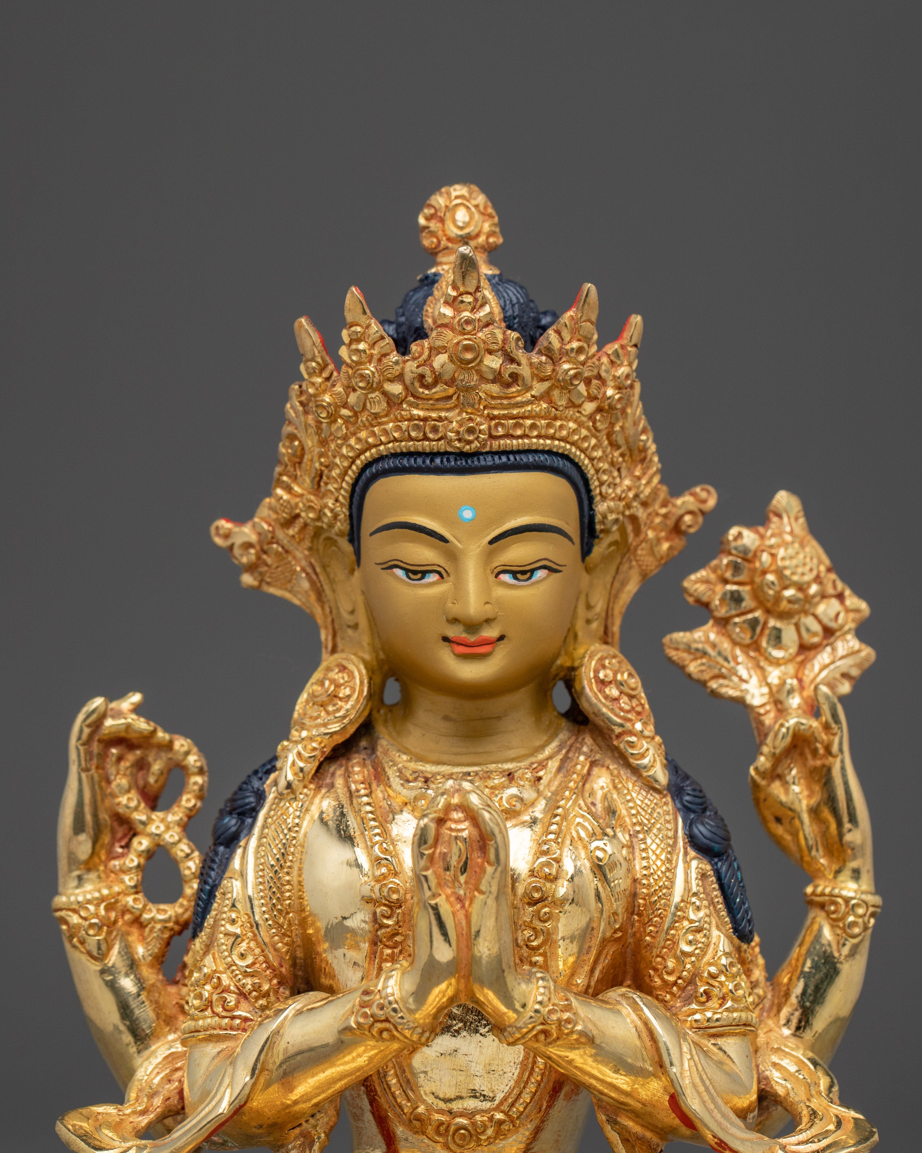 Golden Chenrezig Copper Art | Meditation and Spiritual Decor