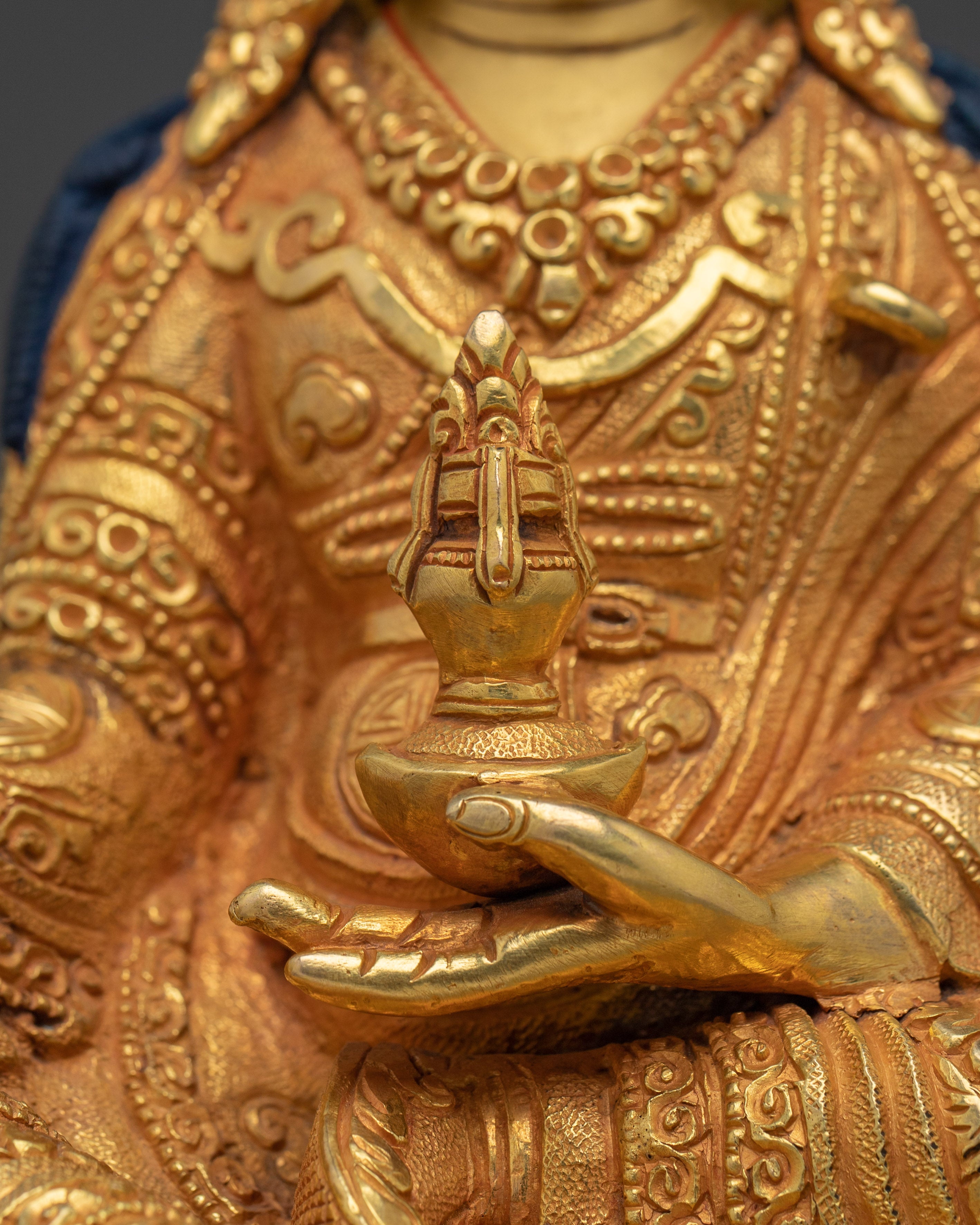 Guru Rinpoche Padmasambhava Copper Figurine | Golden Buddhist Sculpture