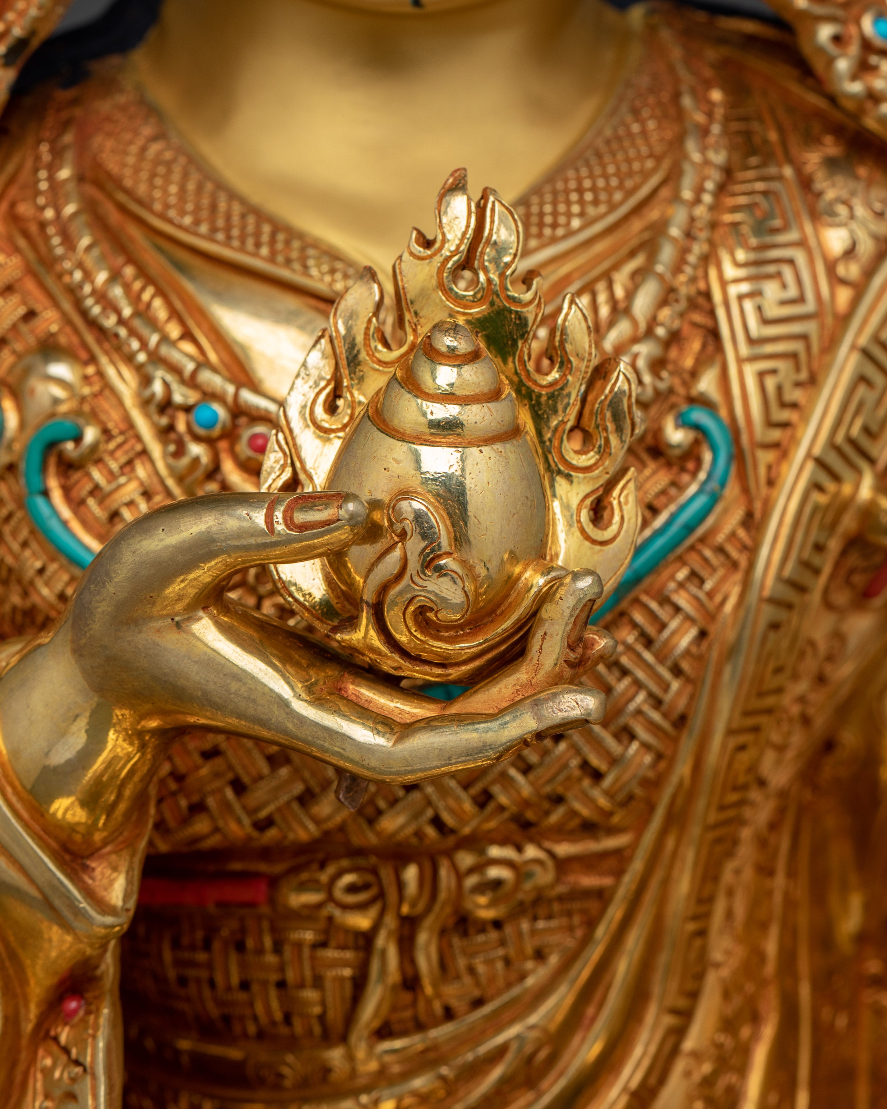 24K Gold Gilded Guru Rinpoche Statue with Gemstones | Sculpture for Meditation Decor