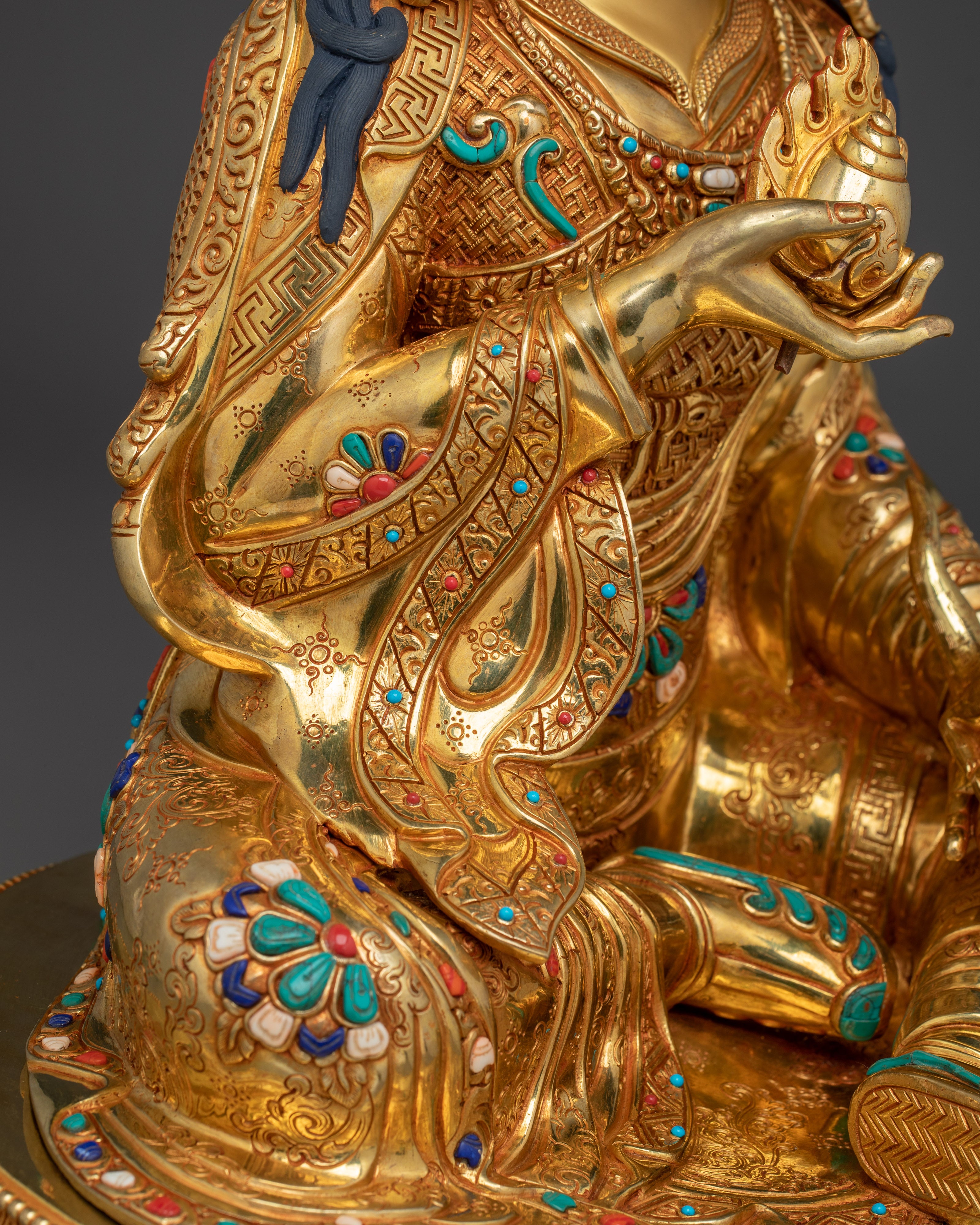 24K Gold Gilded Guru Rinpoche Statue with Gemstones | Sculpture for Meditation Decor