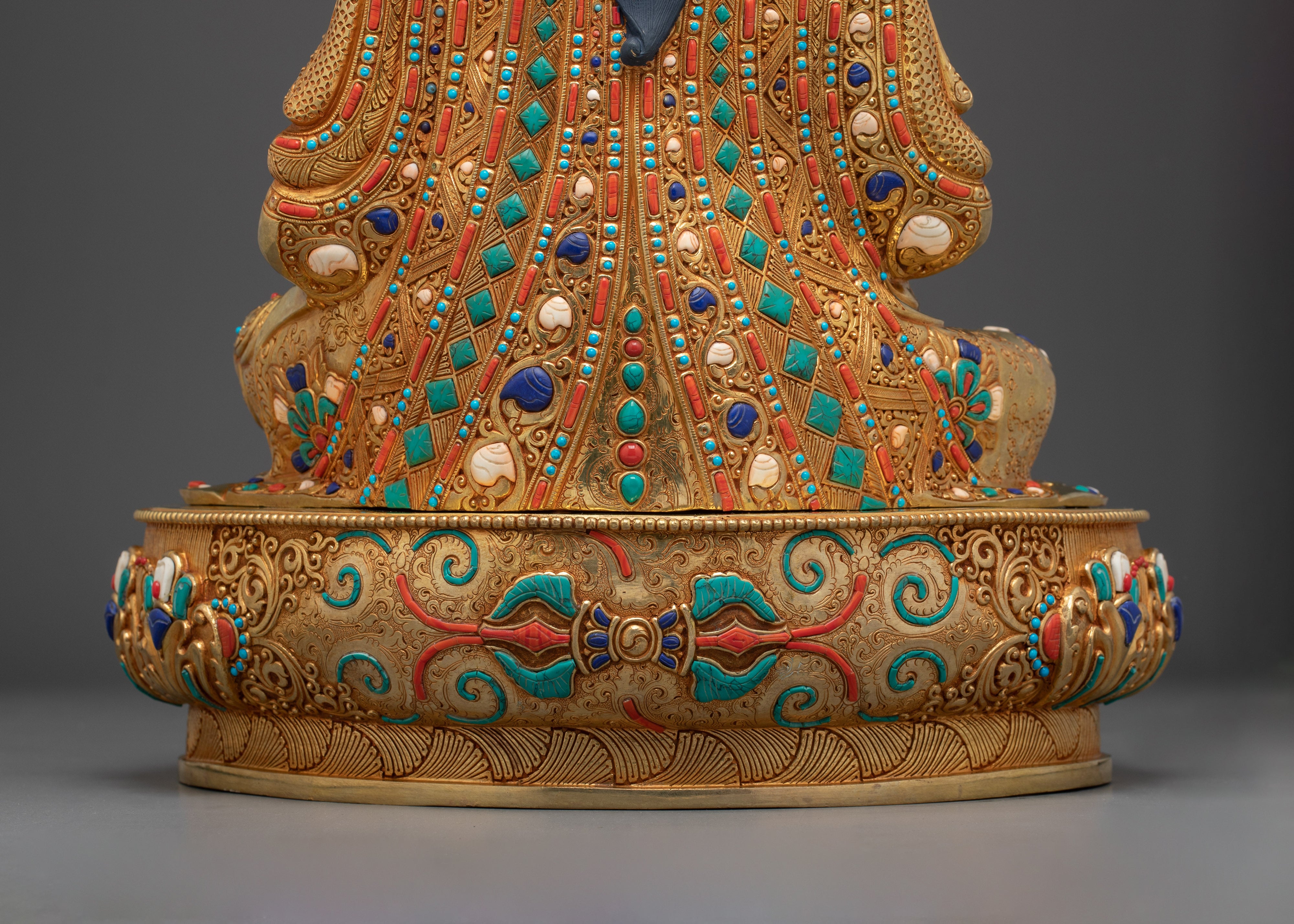 24K Gold Gilded Guru Rinpoche Statue with Gemstones | Sculpture for Meditation Decor
