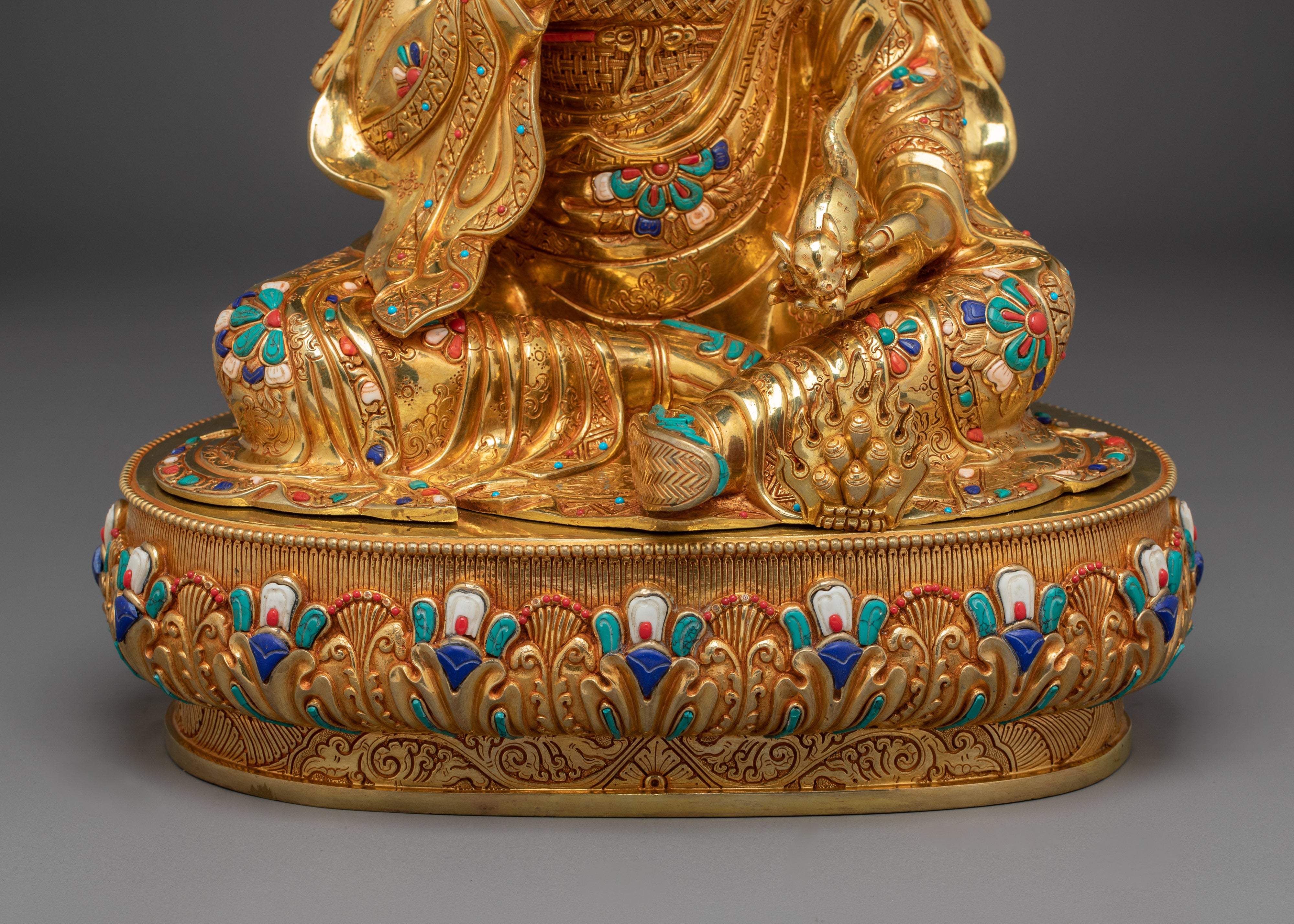 24K Gold Gilded Guru Rinpoche Statue with Gemstones | Sculpture for Meditation Decor