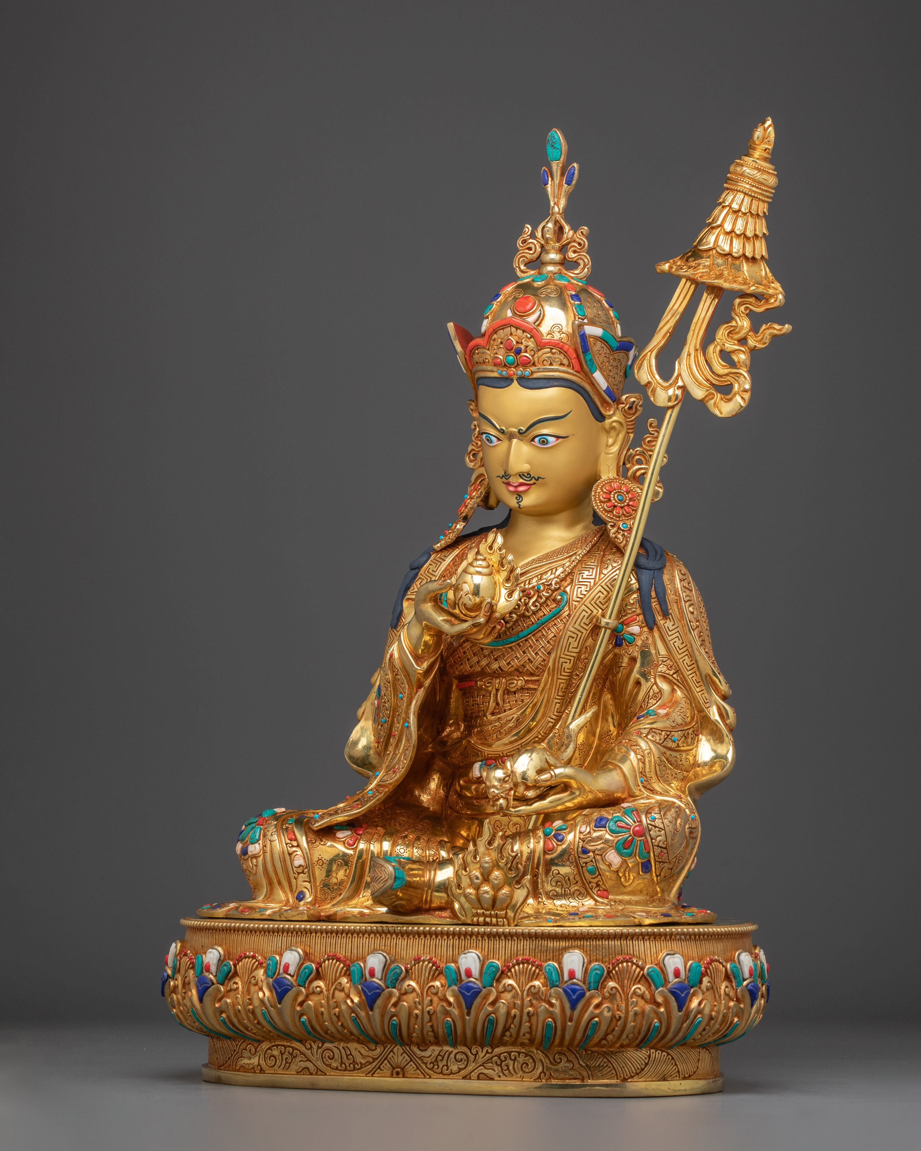 24K Gold Gilded Guru Rinpoche Statue with Gemstones | Sculpture for Meditation Decor