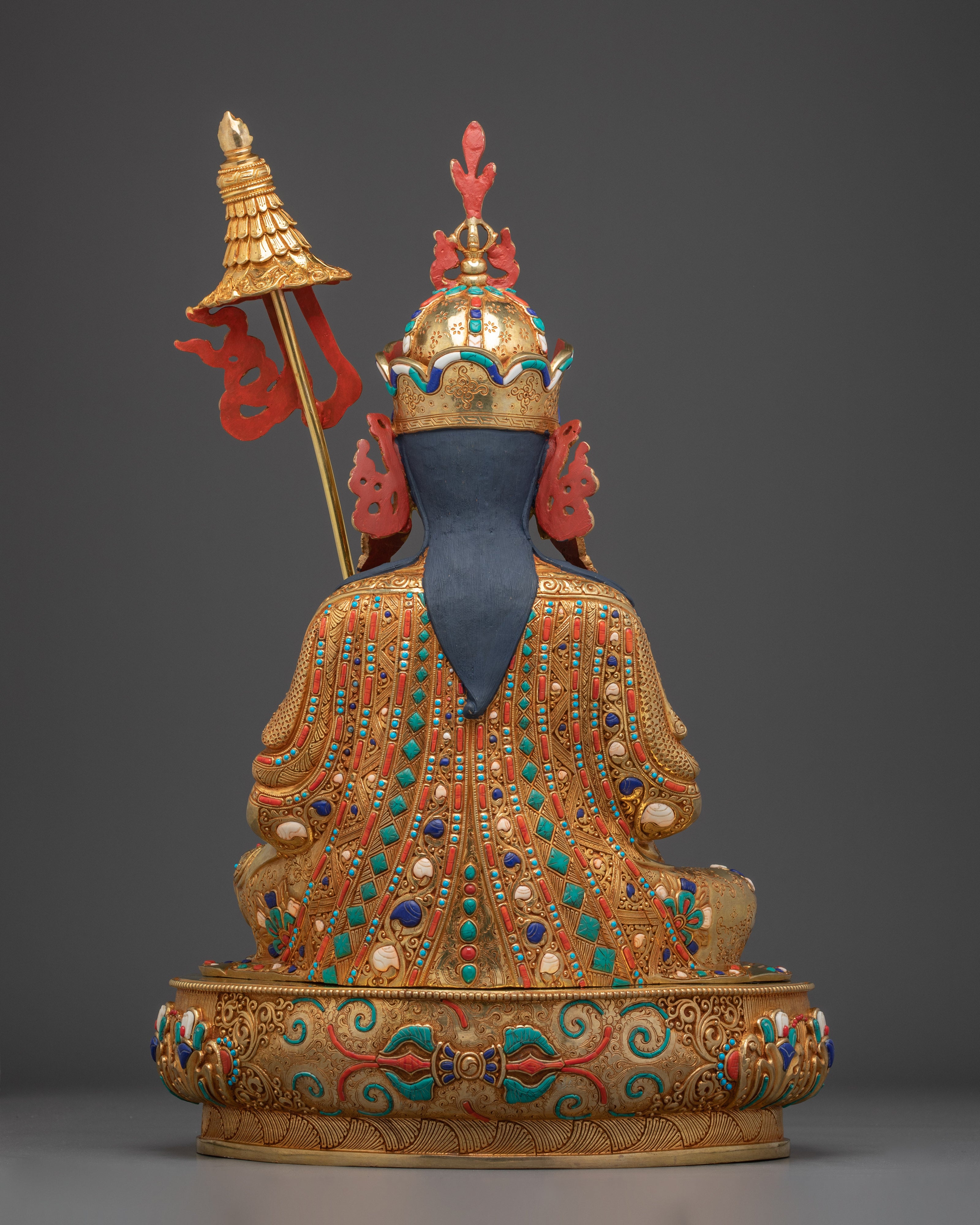 24K Gold Gilded Guru Rinpoche Statue with Gemstones | Sculpture for Meditation Decor