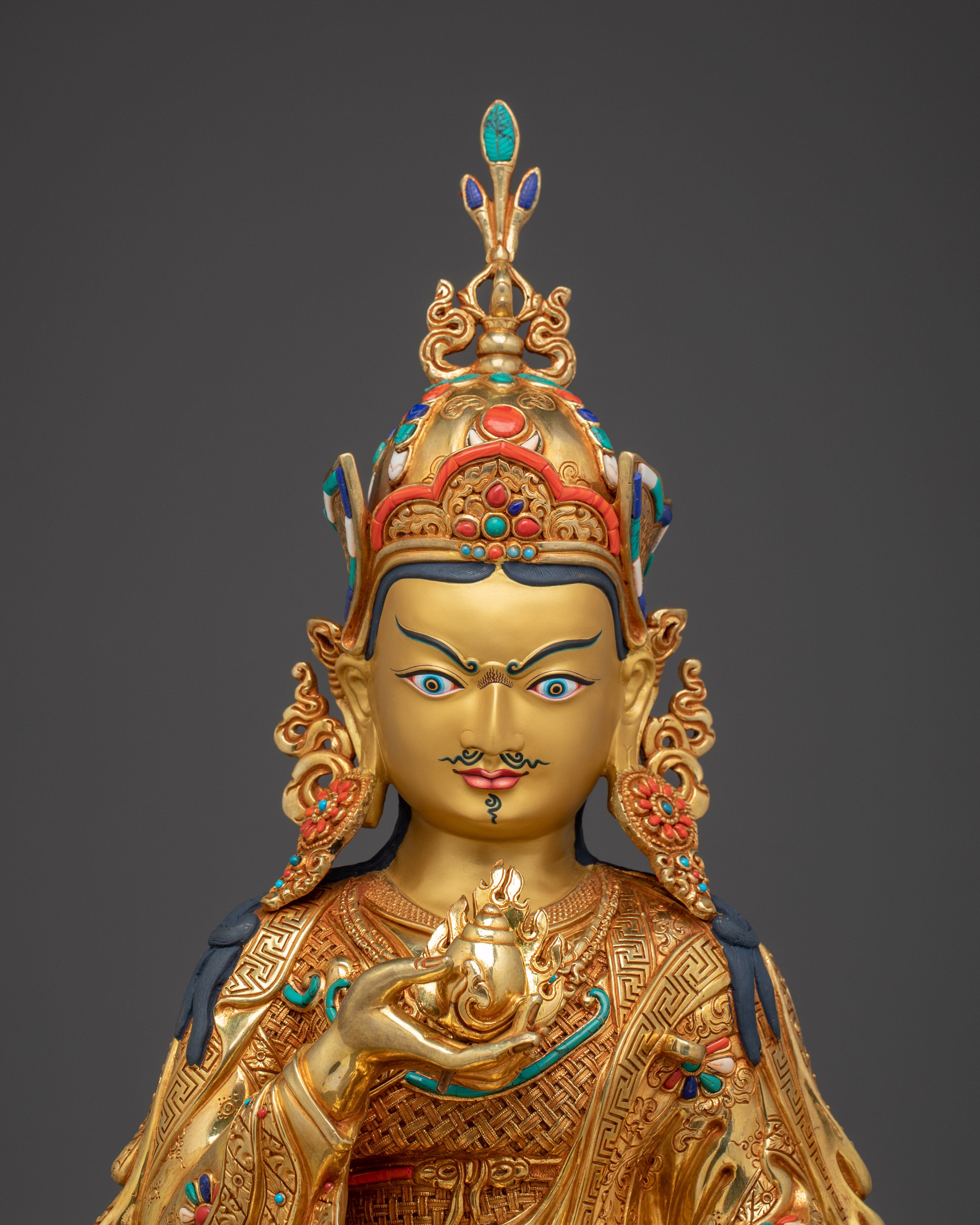 24K Gold Gilded Guru Rinpoche Statue with Gemstones | Sculpture for Meditation Decor