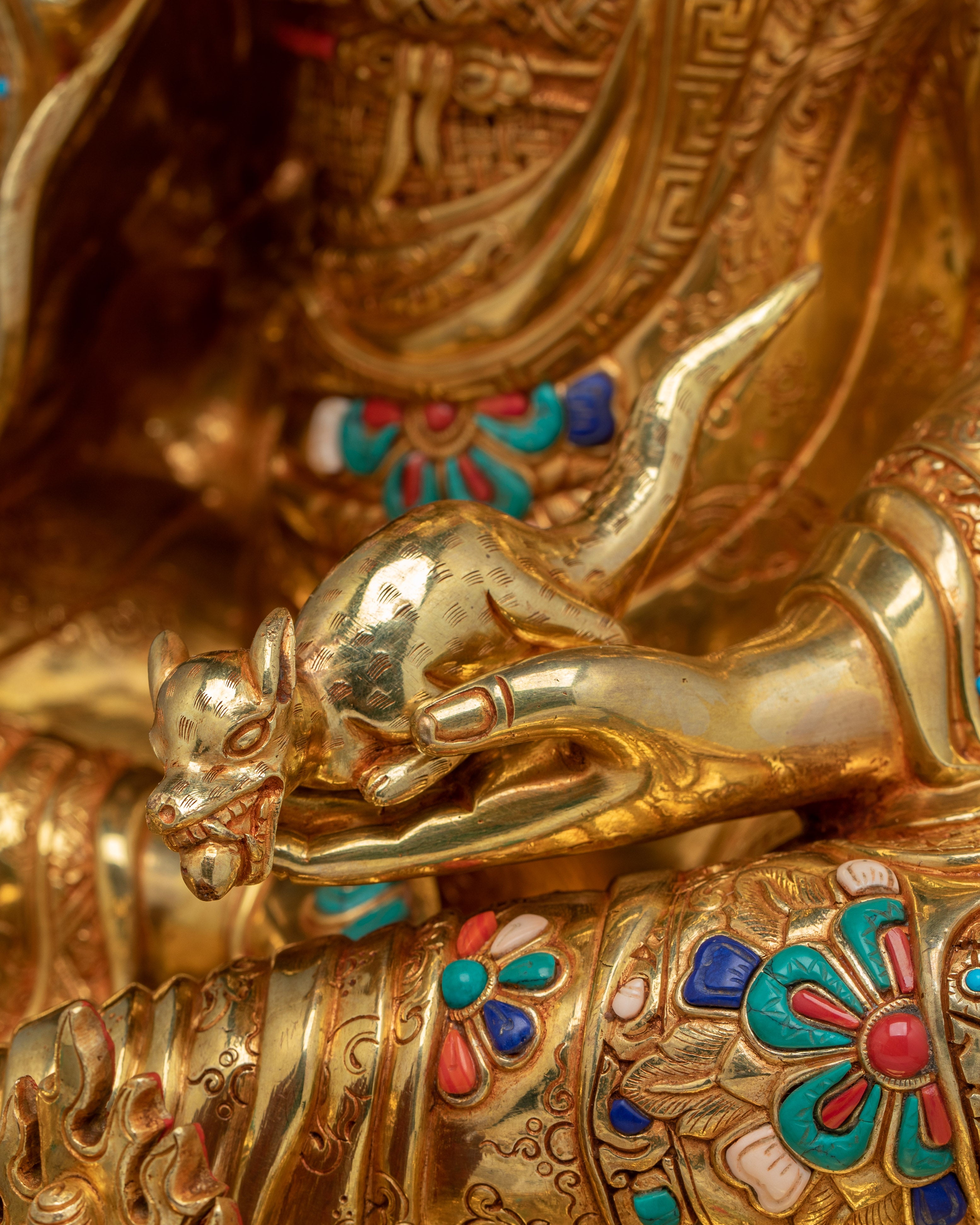 24K Gold Gilded Guru Rinpoche Statue with Gemstones | Sculpture for Meditation Decor