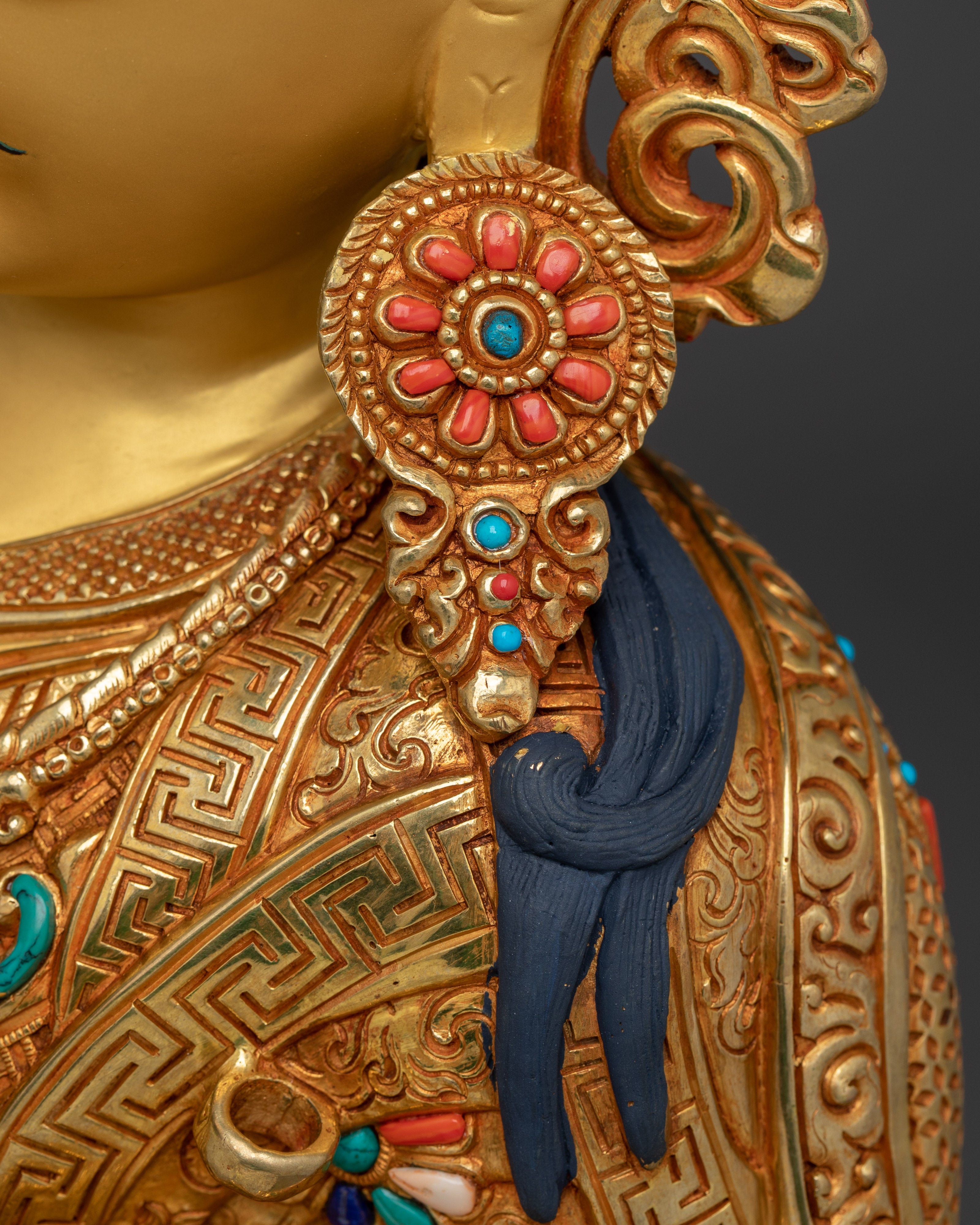 24K Gold Gilded Guru Rinpoche Statue with Gemstones | Sculpture for Meditation Decor