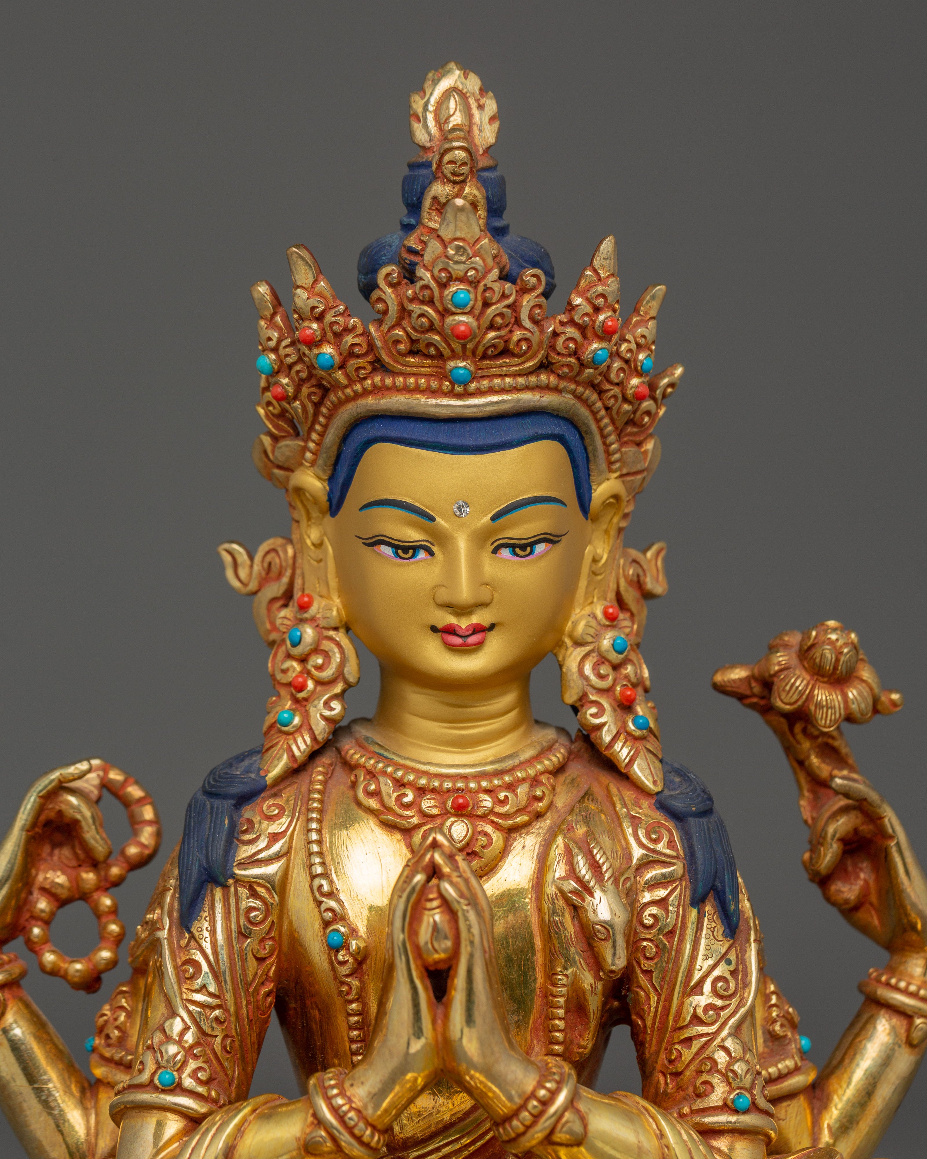 Chenrezig statue Gold Gilded with Gemstones | Bodhisattva for Meditation