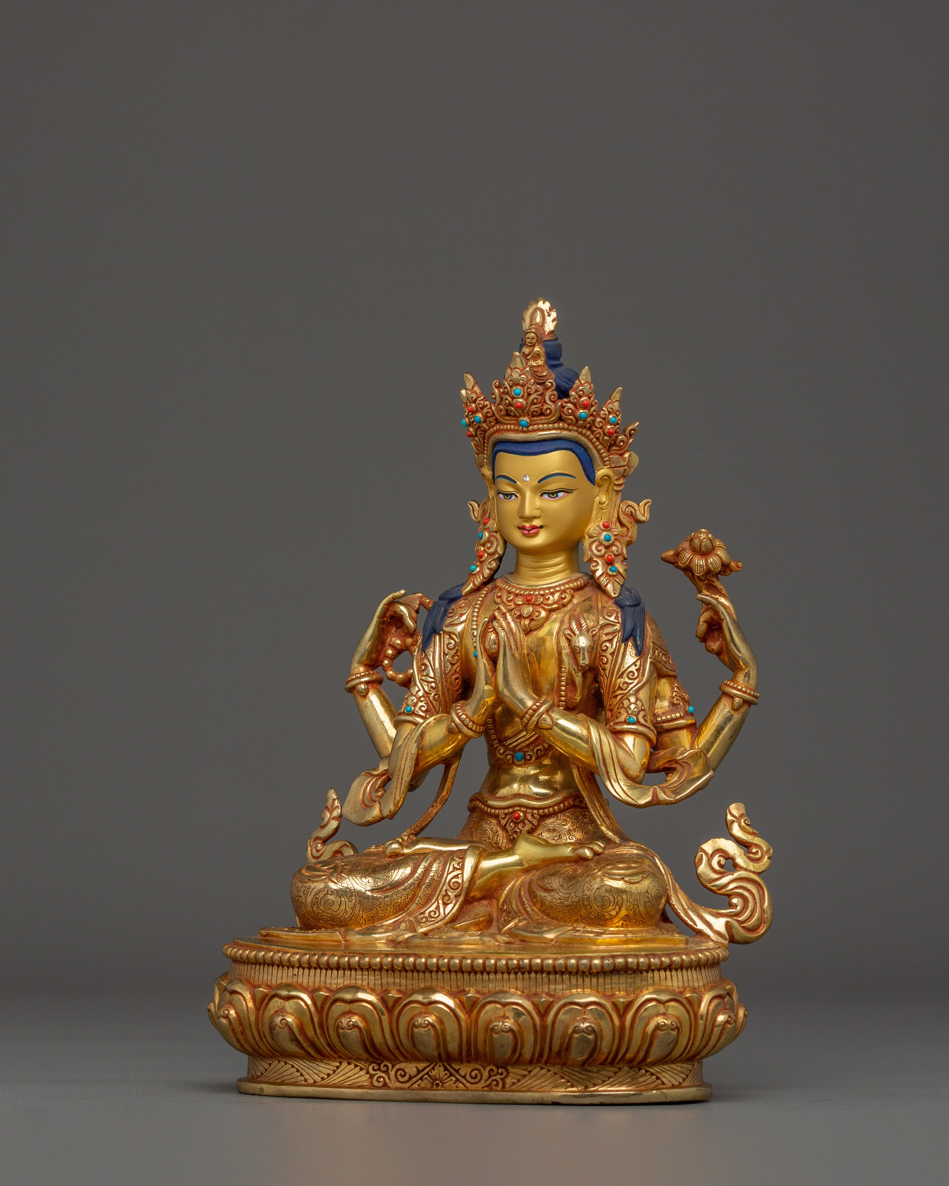 Chenrezig statue Gold Gilded with Gemstones | Bodhisattva for Meditation