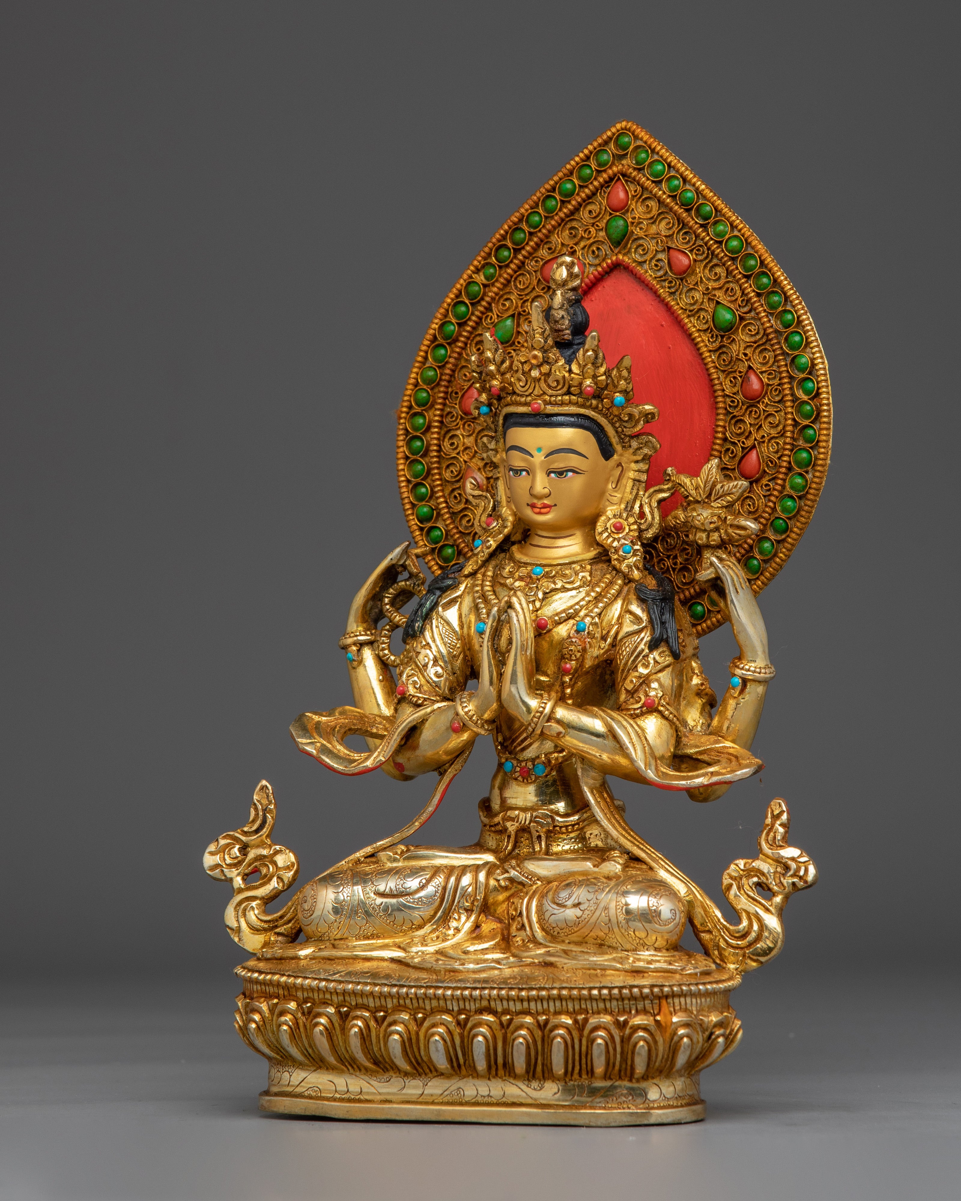 Chenrezig 24K Gold Gilded with Gemstones Statue | Compassion and Peace