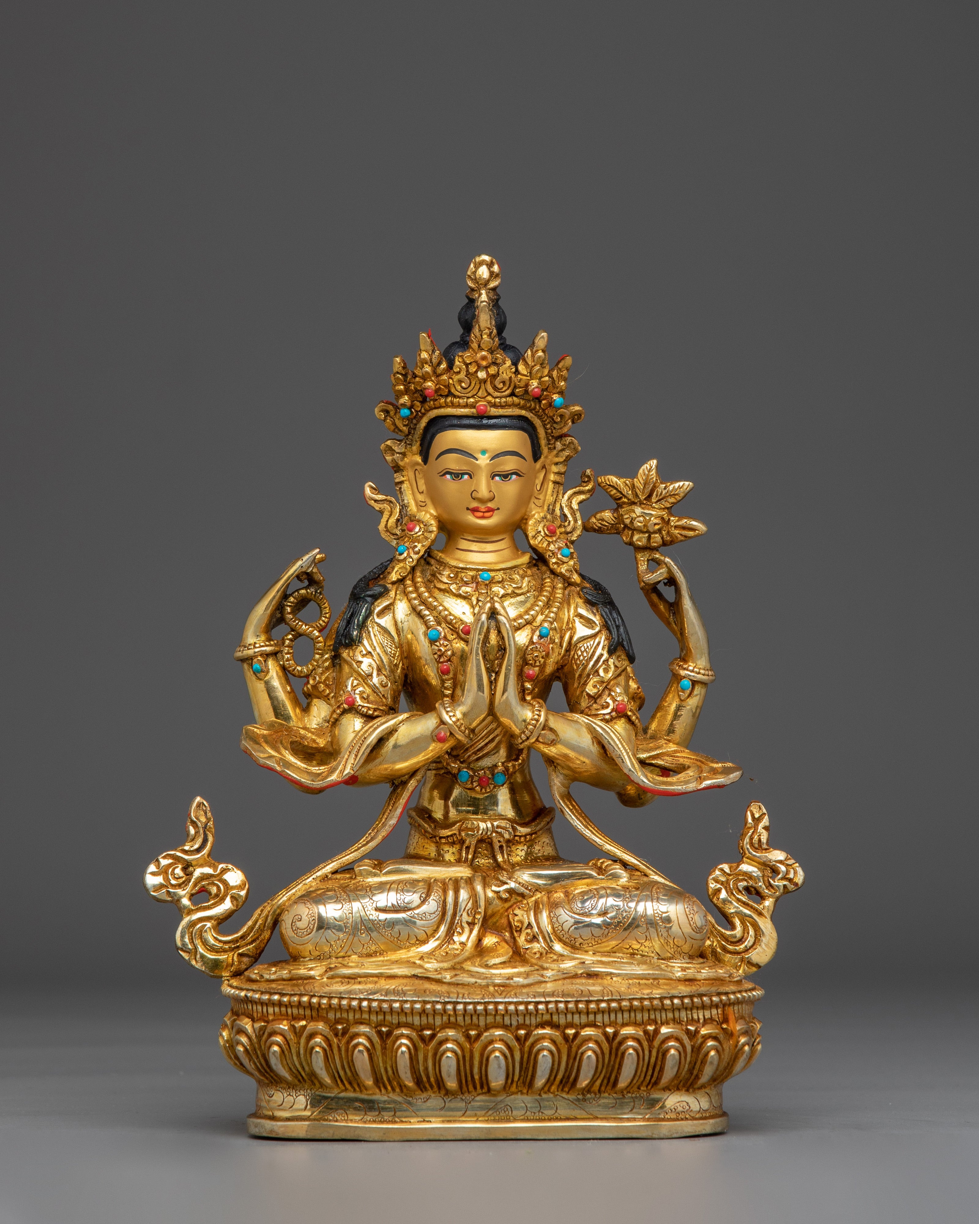 Chenrezig 24K Gold Gilded with Gemstones Statue | Compassion and Peace