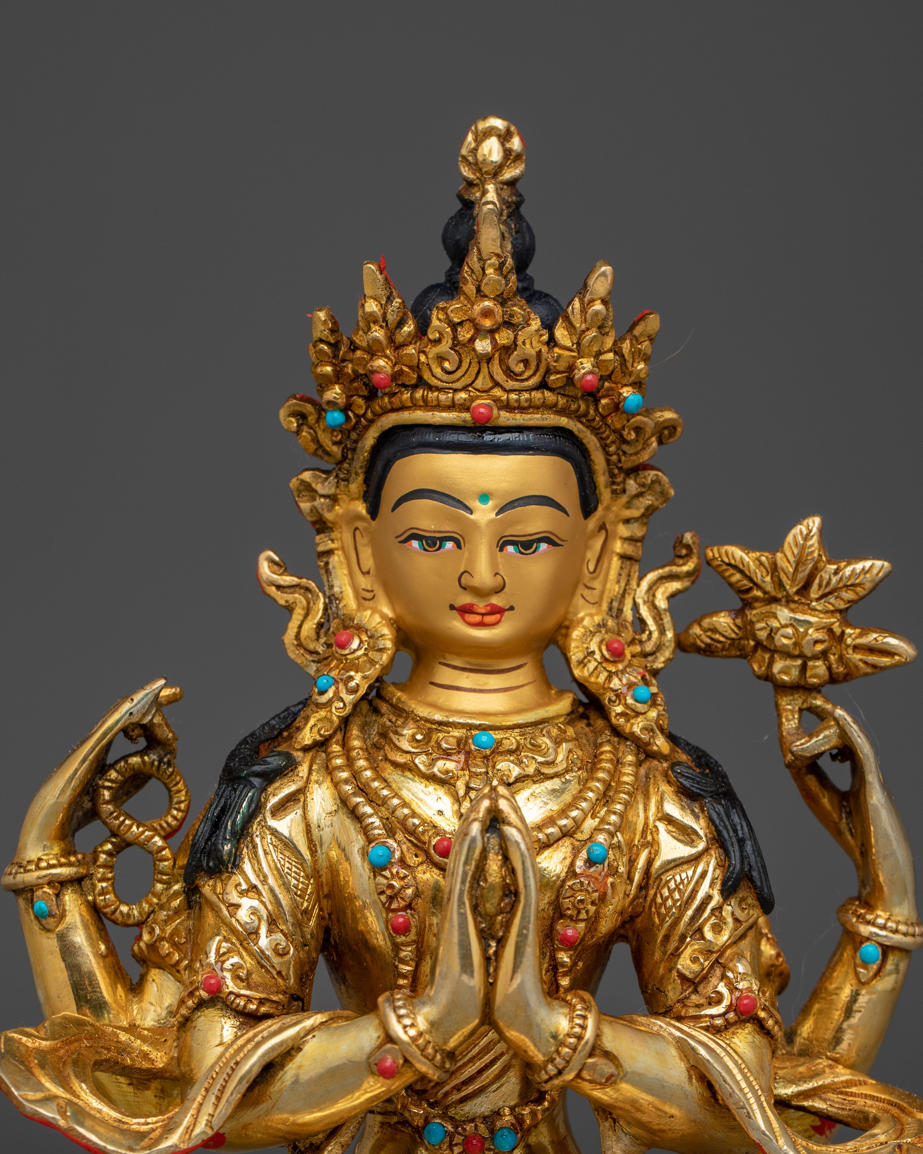 Chenrezig 24K Gold Gilded with Gemstones Statue | Compassion and Peace