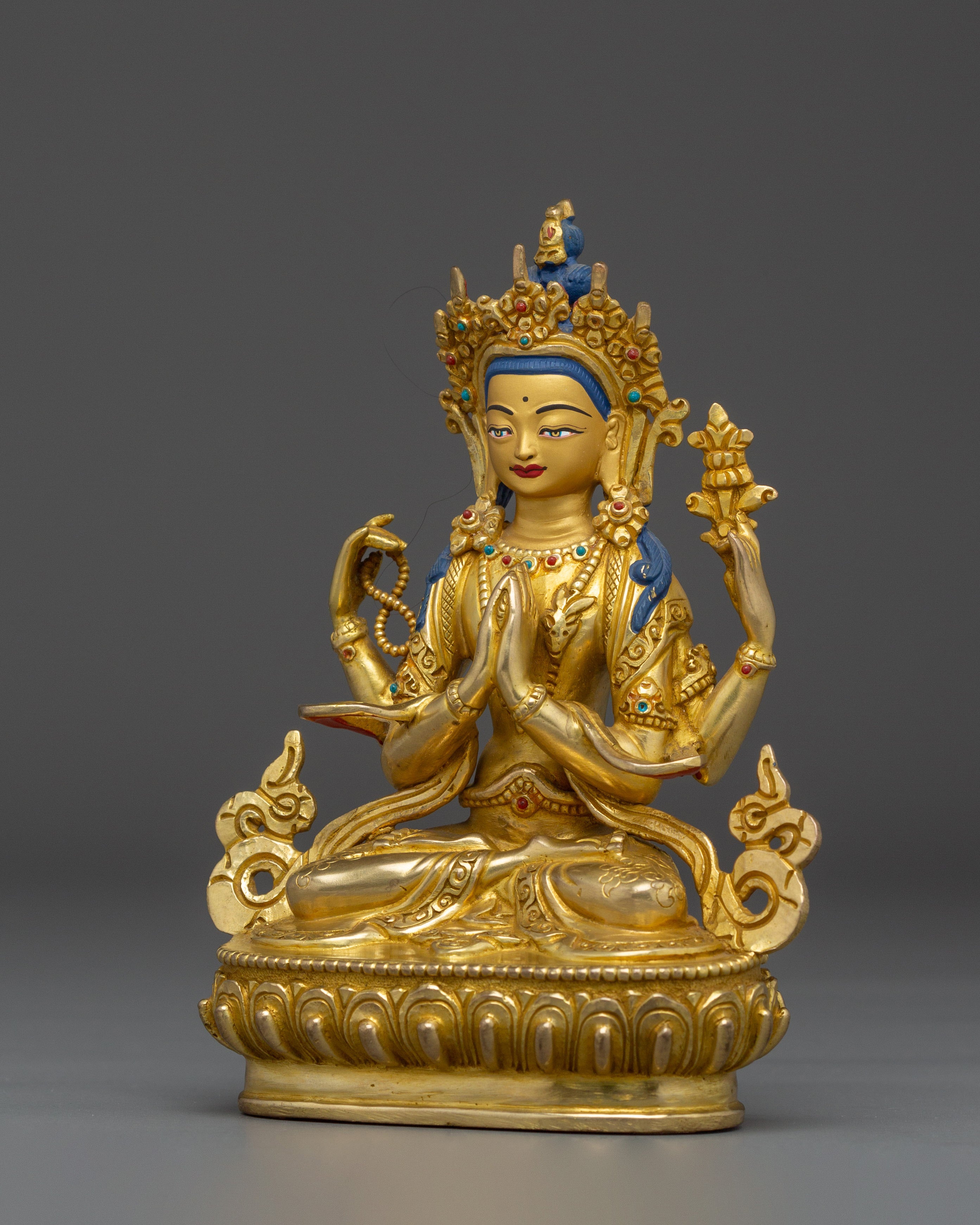 Compassion Deity Chenrezig Art | Gold-Gilded Peaceful Sculpture