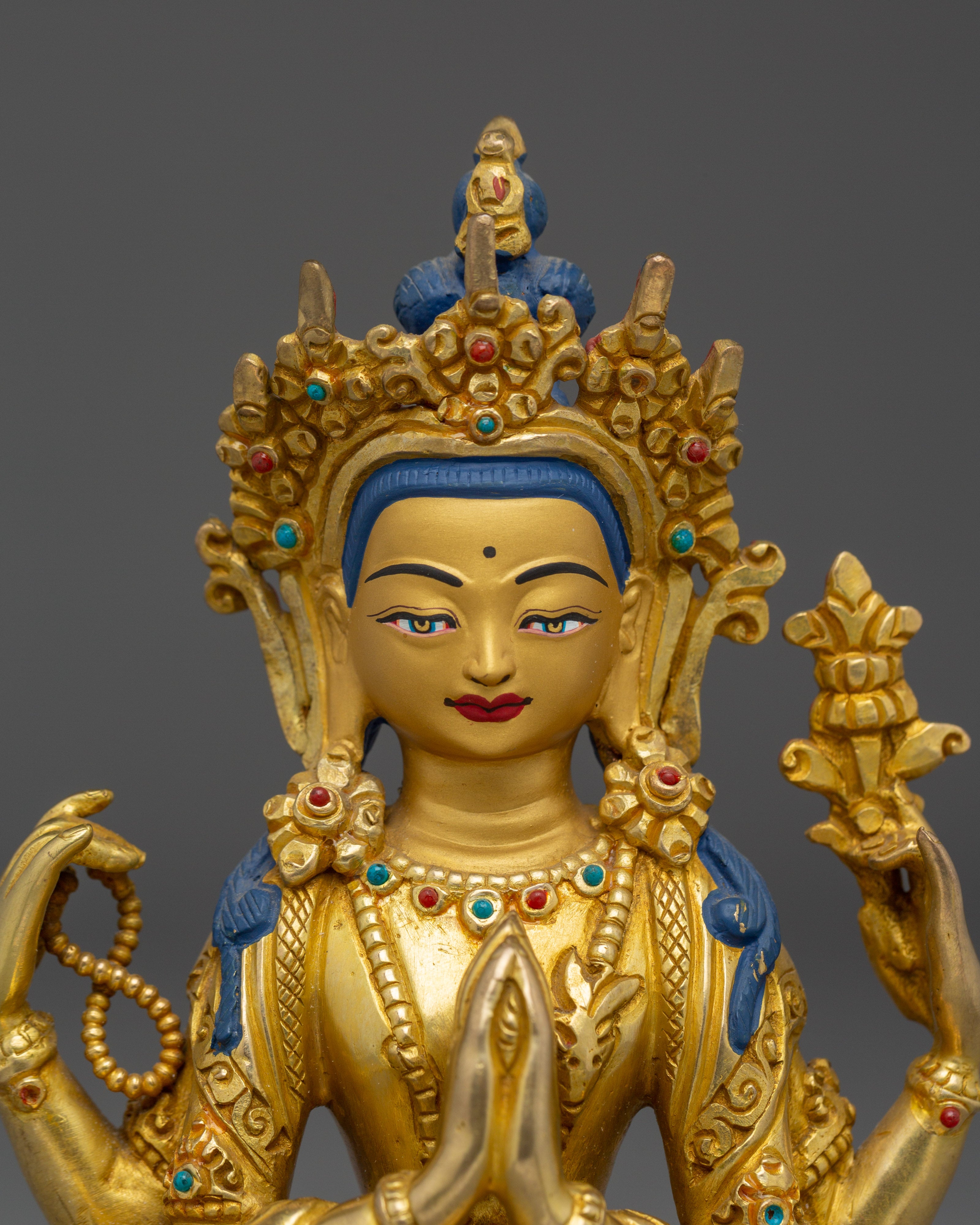 Compassion Deity Chenrezig Art | Gold-Gilded Peaceful Sculpture