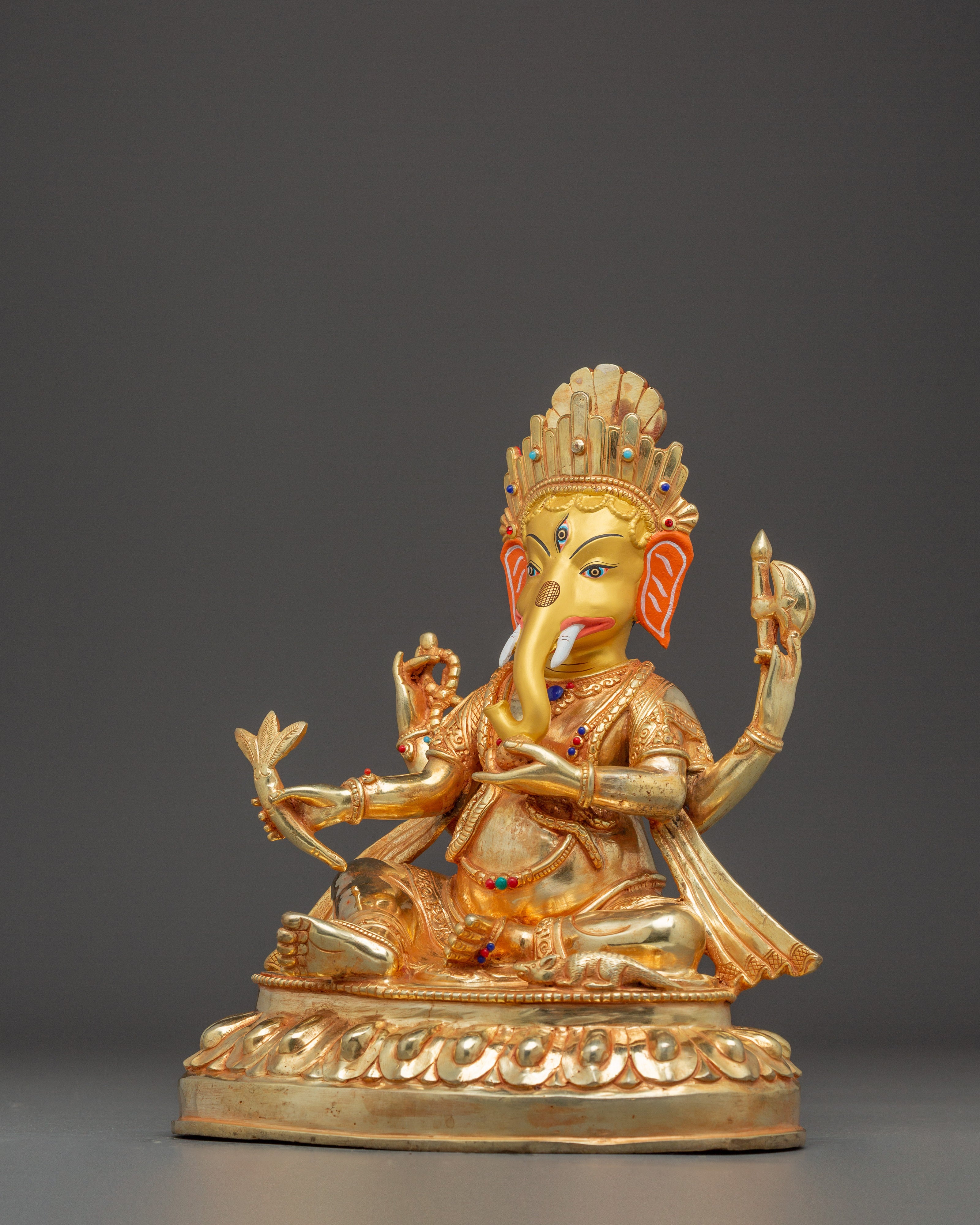 Ganesh Statue 24K Gold Gilded | Copper Sculpture with Gemstones