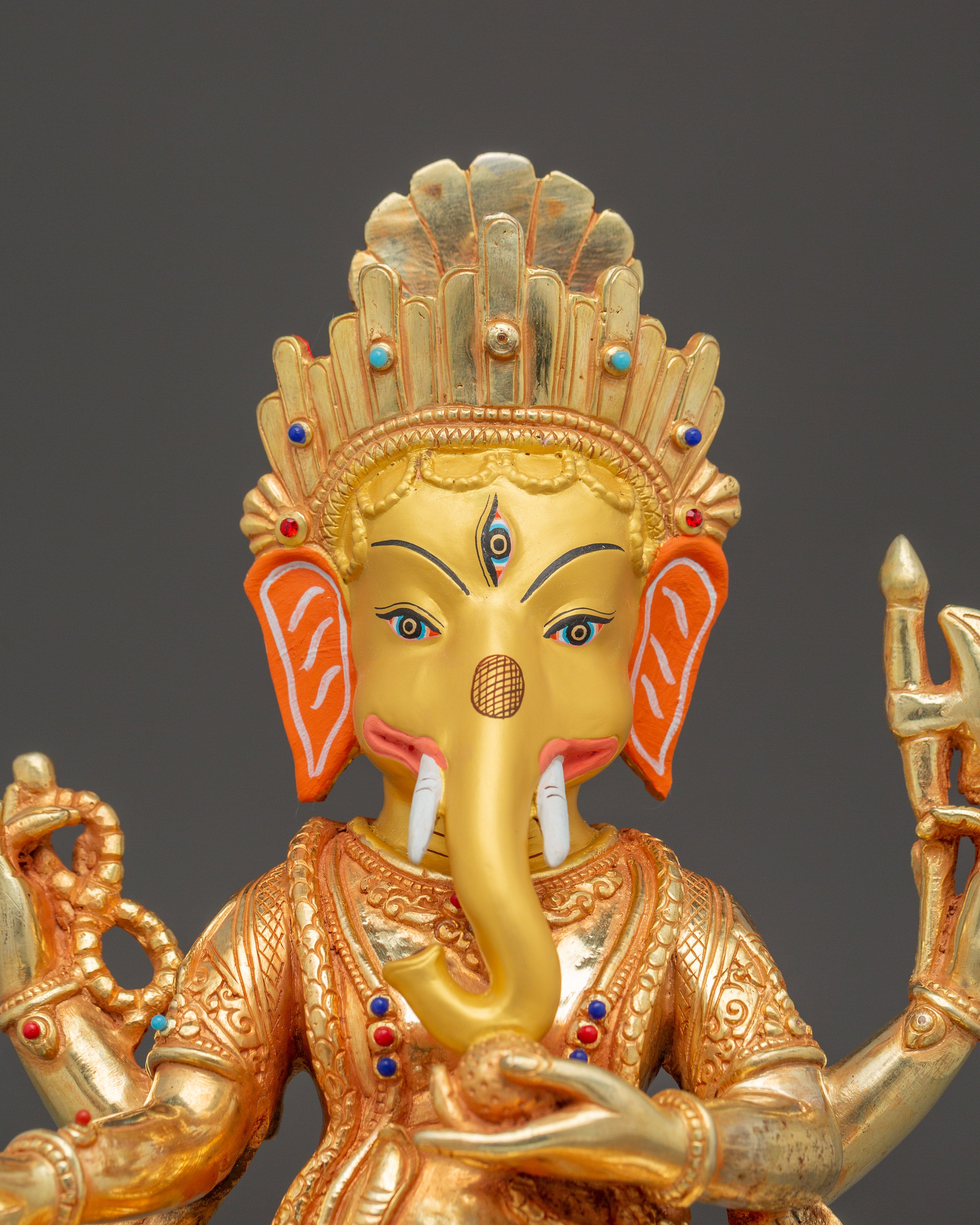 Ganesh Statue 24K Gold Gilded | Copper Sculpture with Gemstones