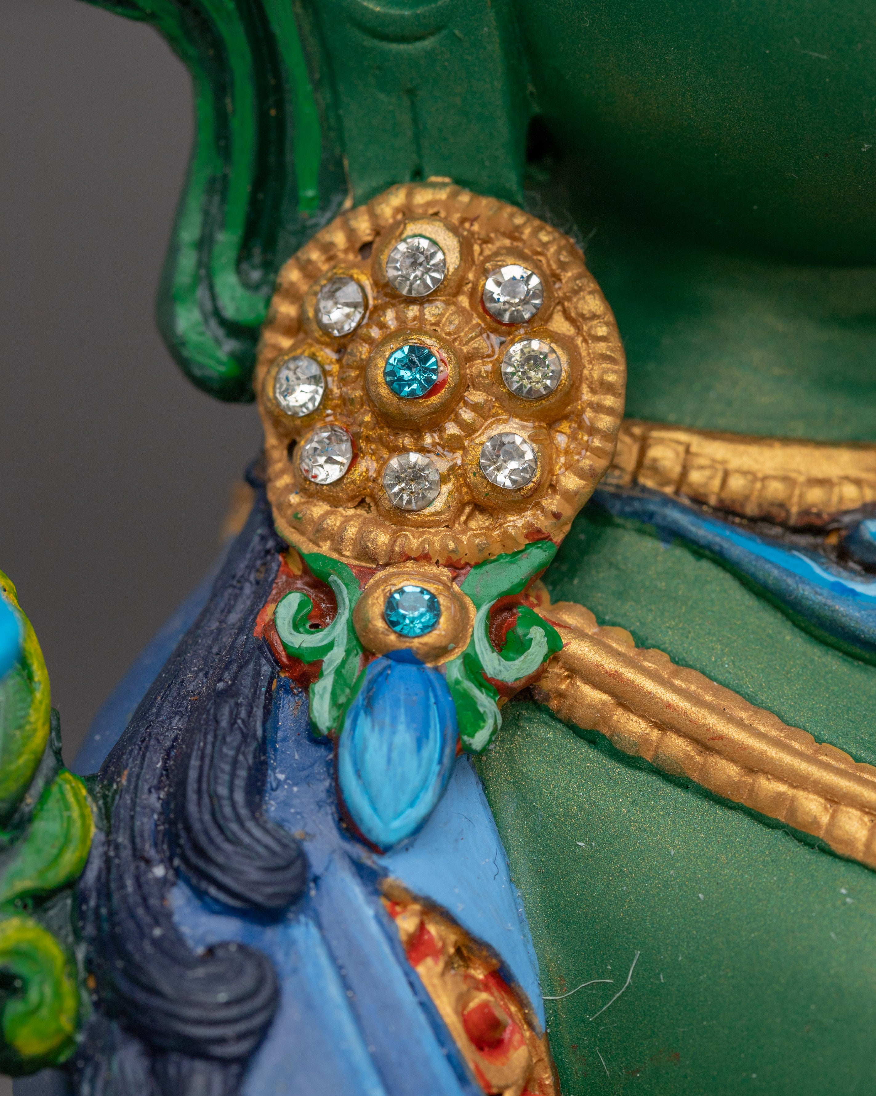 Green Tara Gold with Acrylic Details Statue | Copper Art for Compassion and Protection