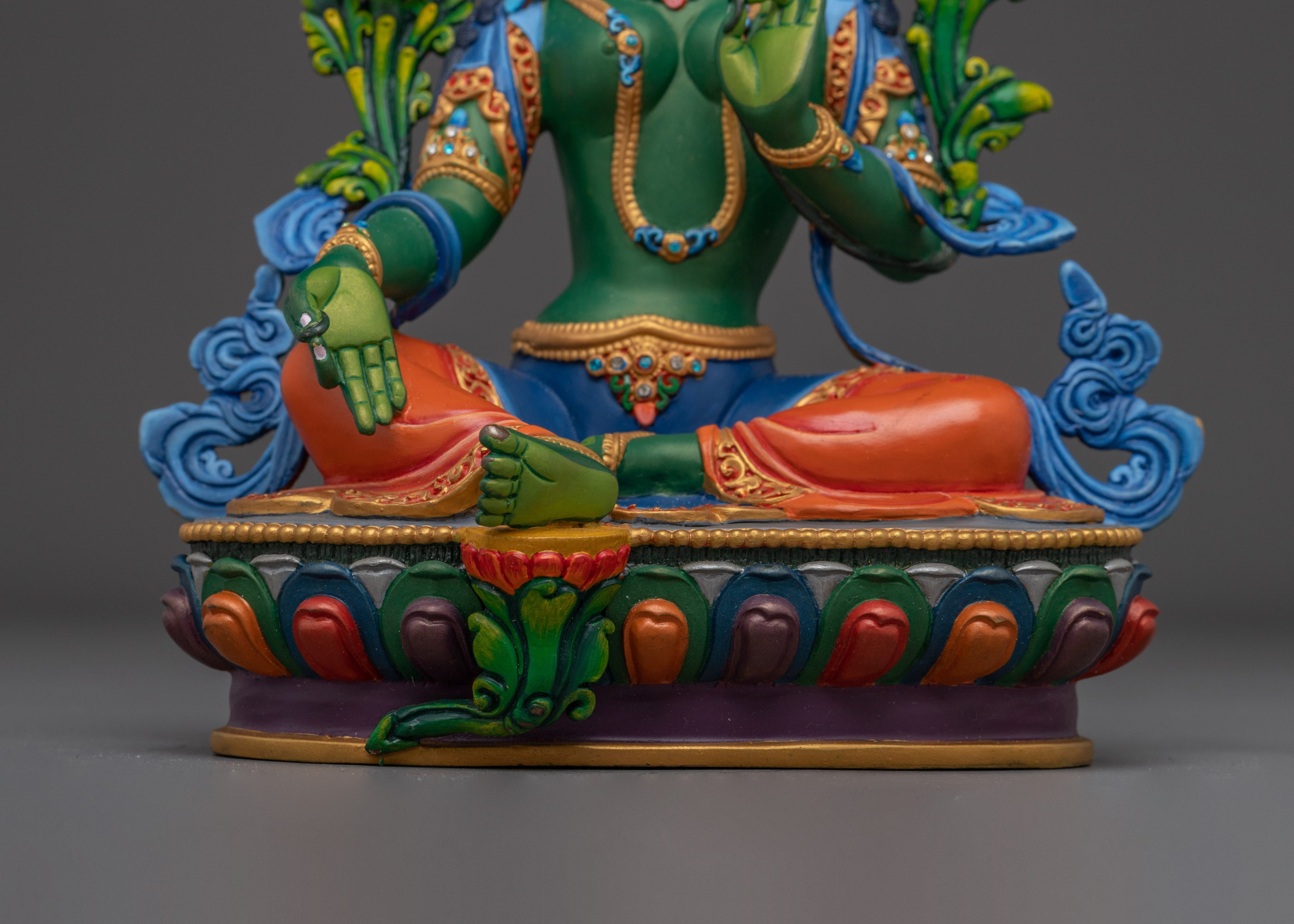 Green Tara Gold with Acrylic Details Statue | Copper Art for Compassion and Protection