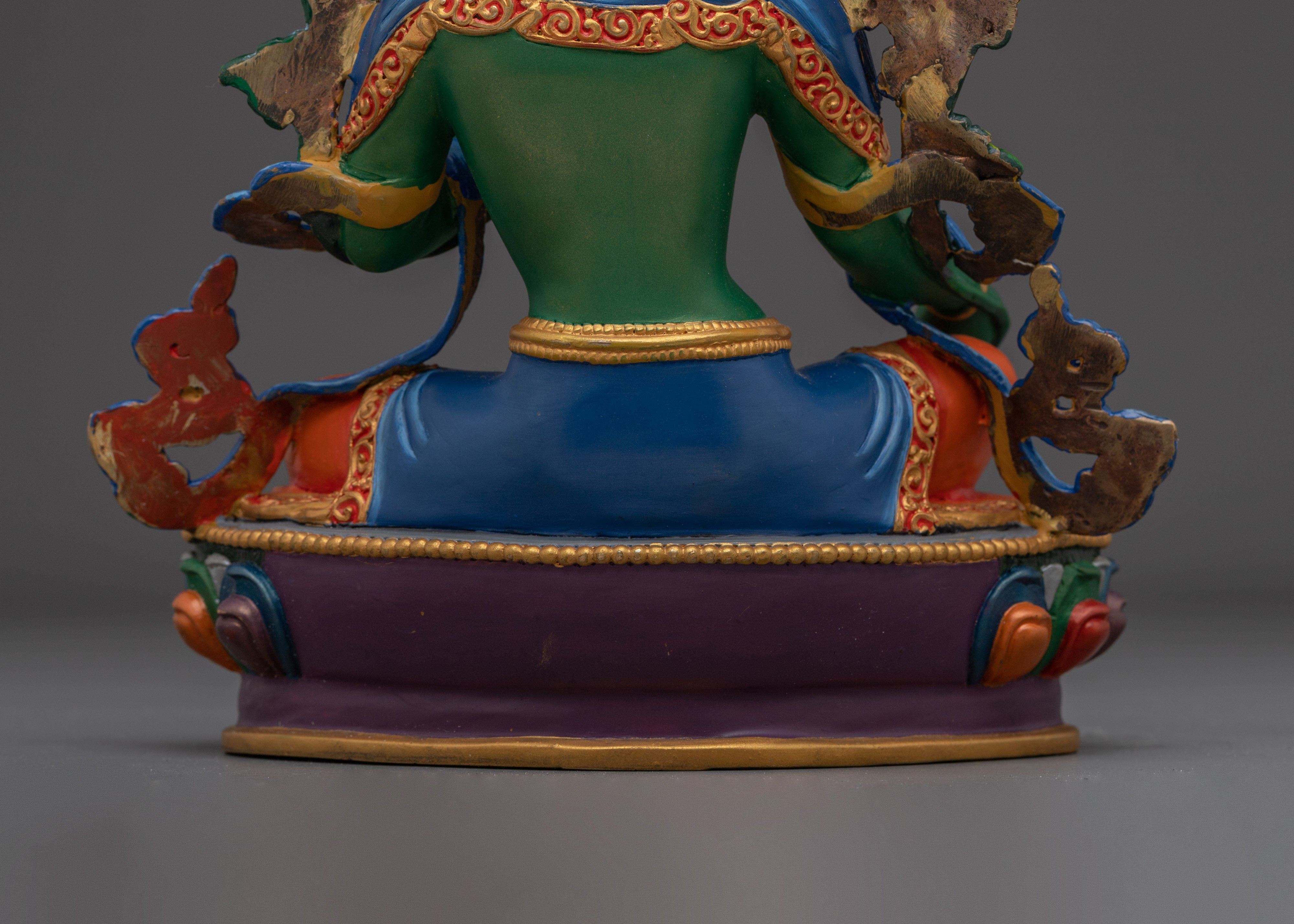 Green Tara Gold with Acrylic Details Statue | Copper Art for Compassion and Protection