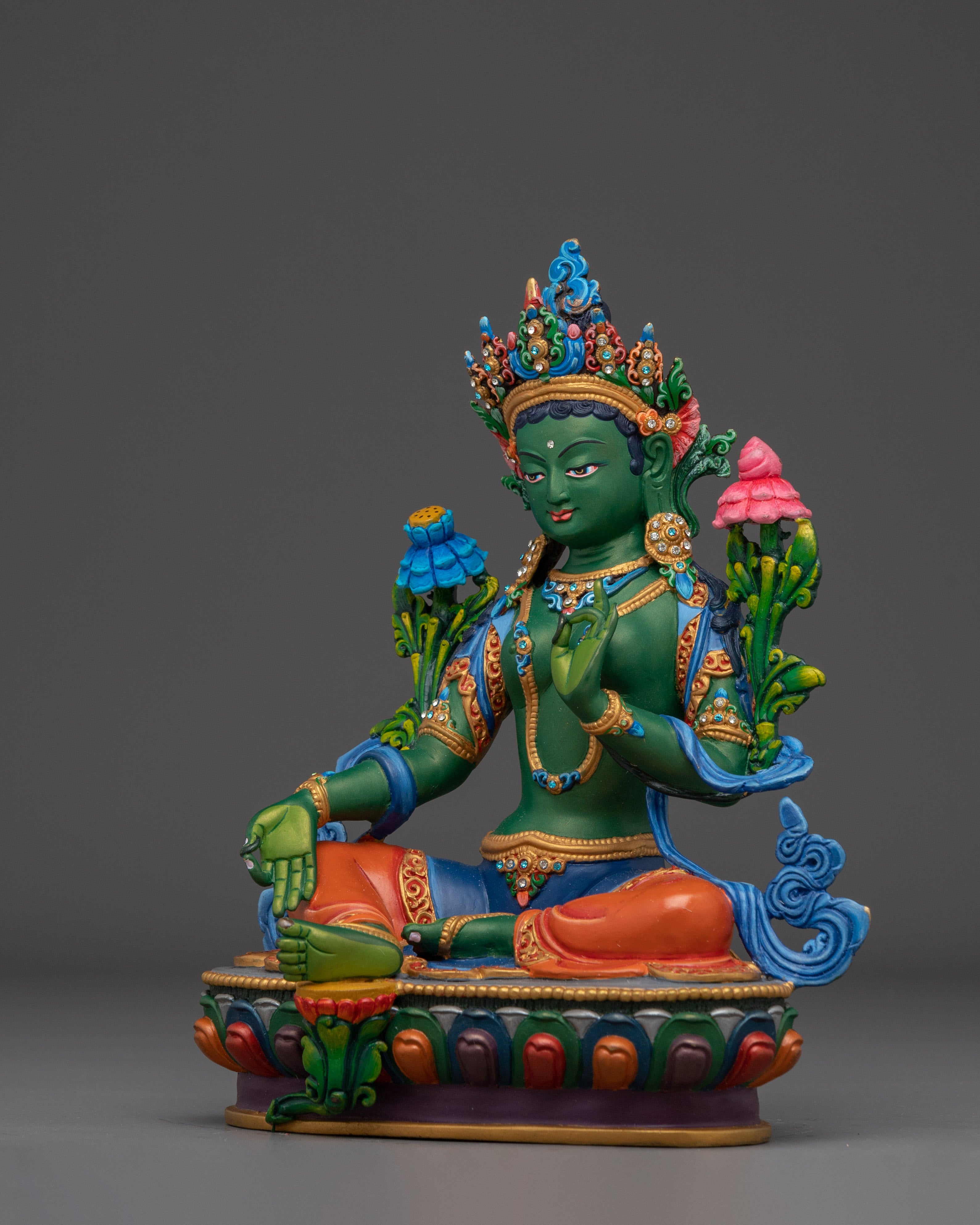 Green Tara Gold with Acrylic Details Statue | Copper Art for Compassion and Protection
